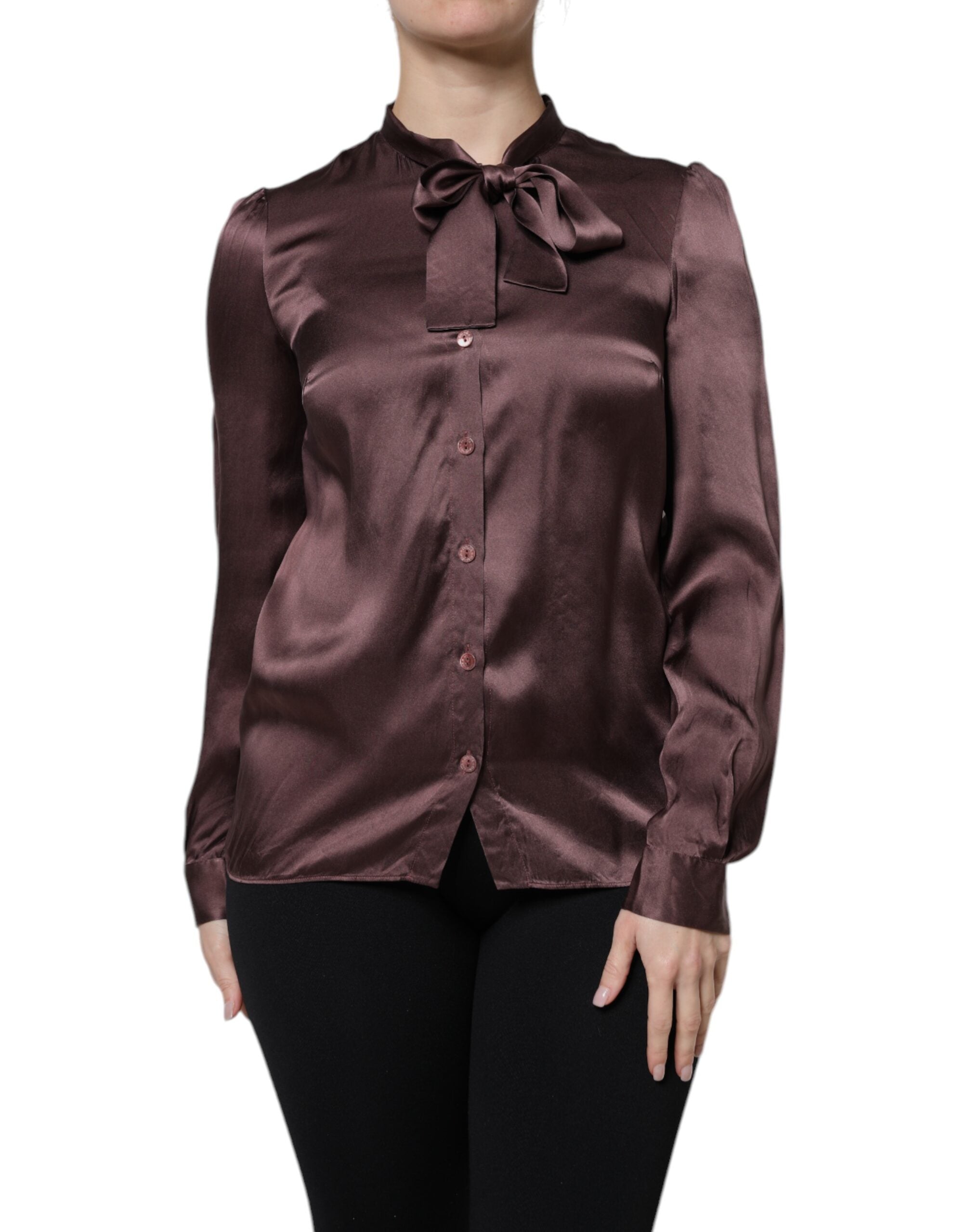 Dolce &amp; Gabbana Brown Ascot Collar Long Sleeve Blouse Top