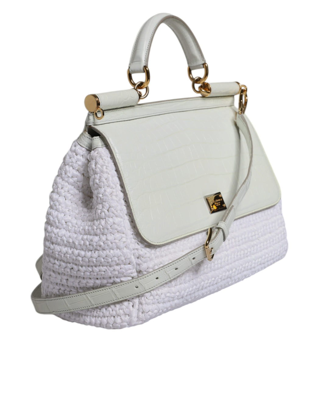 Dolce &amp; Gabbana White Rafia Leather Top Handle Crossbody Bag