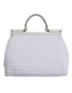 Dolce &amp; Gabbana White Rafia Leather Top Handle Crossbody Bag