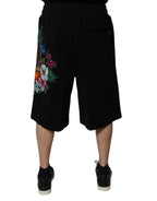 Dolce &amp; Gabbana Black Cotton Logo Floral Print Bermuda Shorts