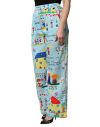 Dolce &amp; Gabbana Light Blue Drawing Mid Waist Wide Leg Pants