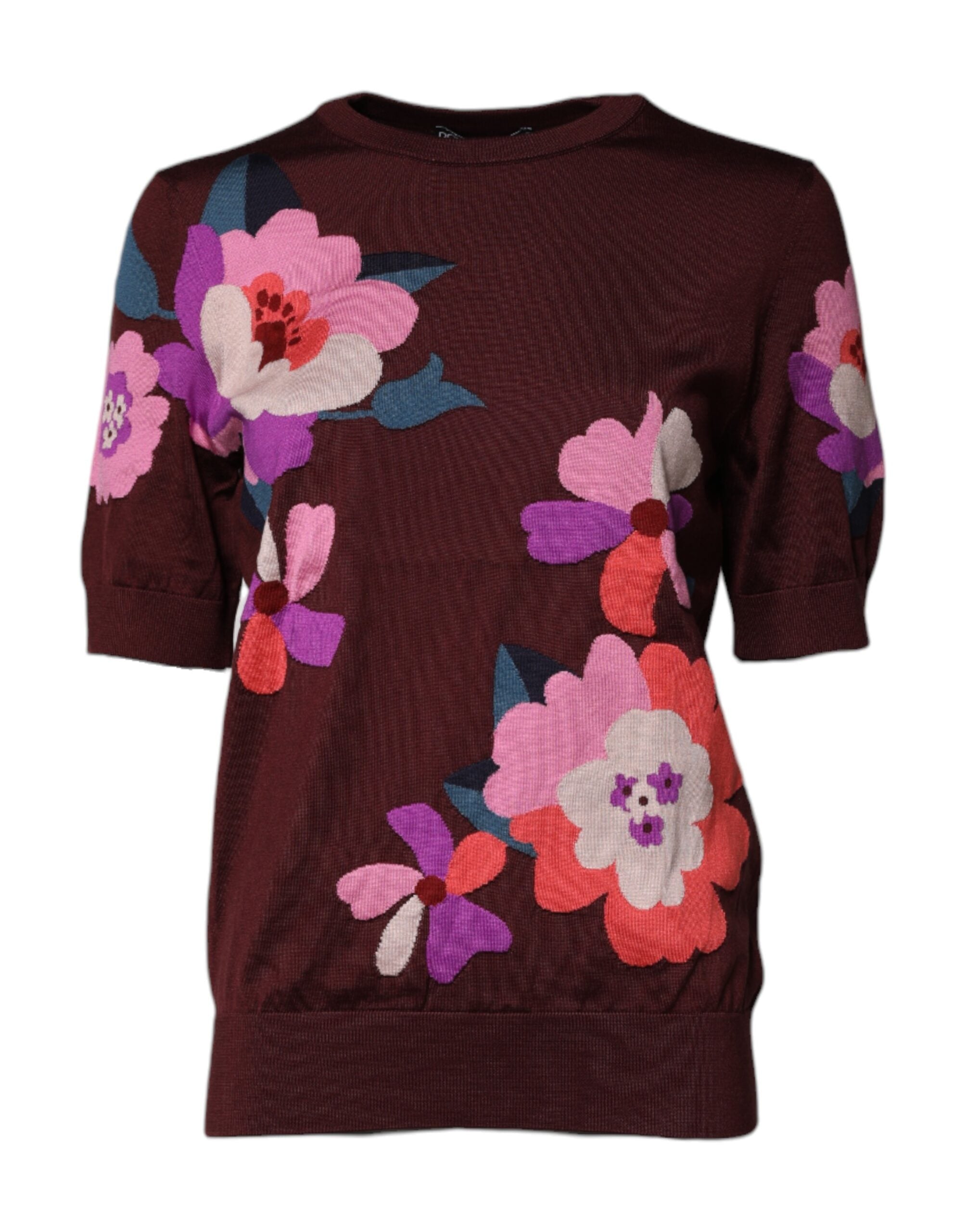 Dolce &amp; Gabbana Maroon Floral Silk Crew Neck Blouse Top