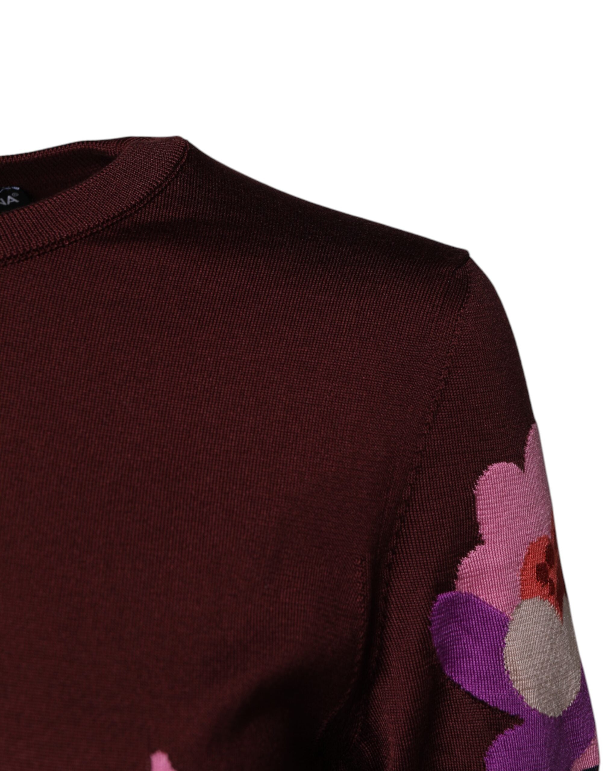 Dolce &amp; Gabbana Maroon Floral Silk Crew Neck Blouse Top