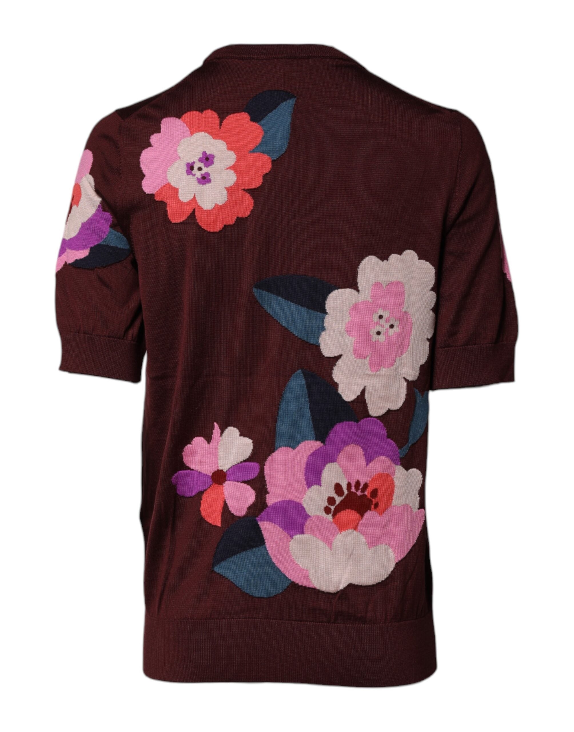 Dolce &amp; Gabbana Maroon Floral Silk Crew Neck Blouse Top