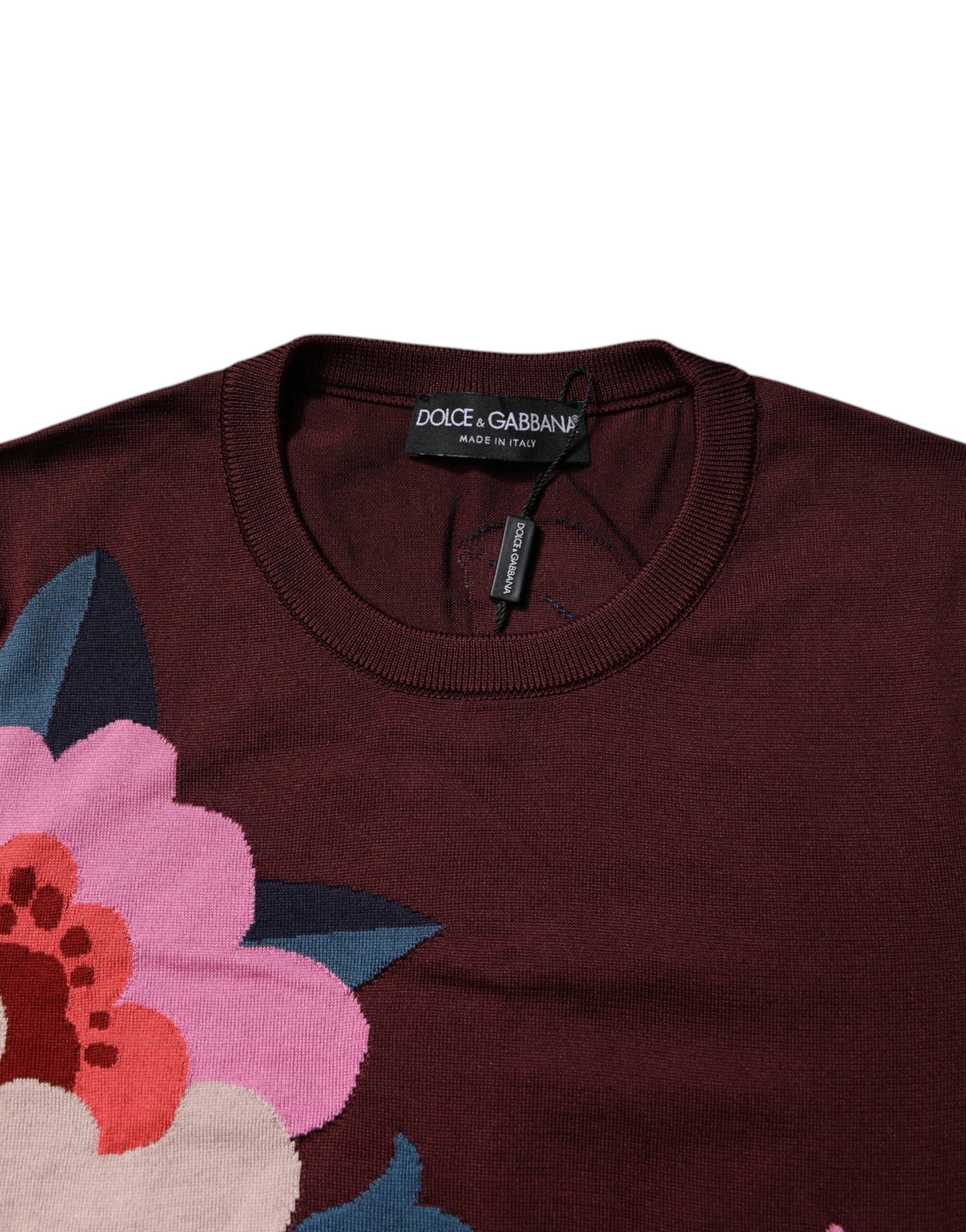 Dolce &amp; Gabbana Maroon Floral Silk Crew Neck Blouse Top