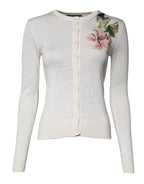 Dolce &amp; Gabbana Cream Floral Silk Embellished Cardigan Sweater