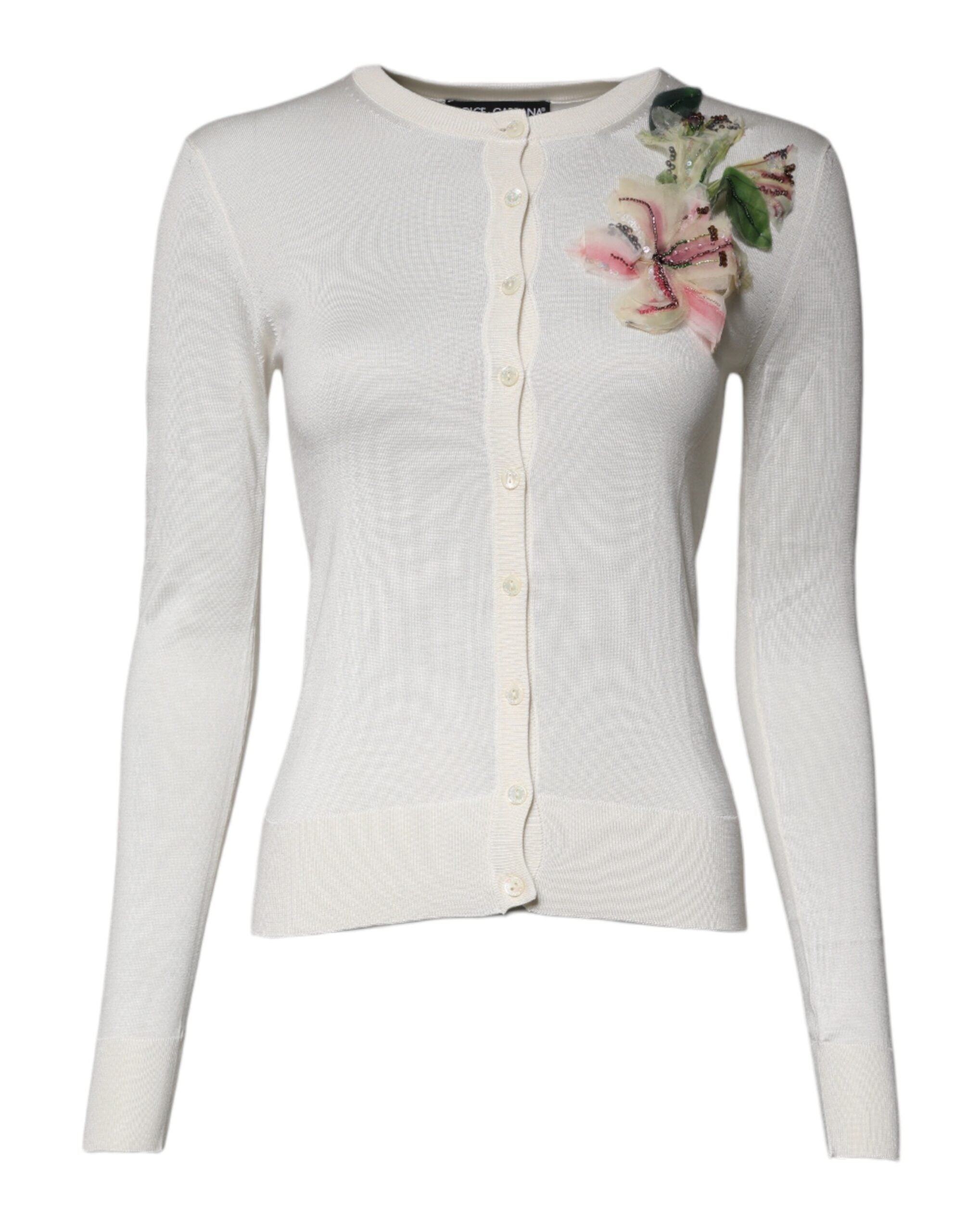 Dolce &amp; Gabbana Cream Floral Silk Embellished Cardigan Sweater