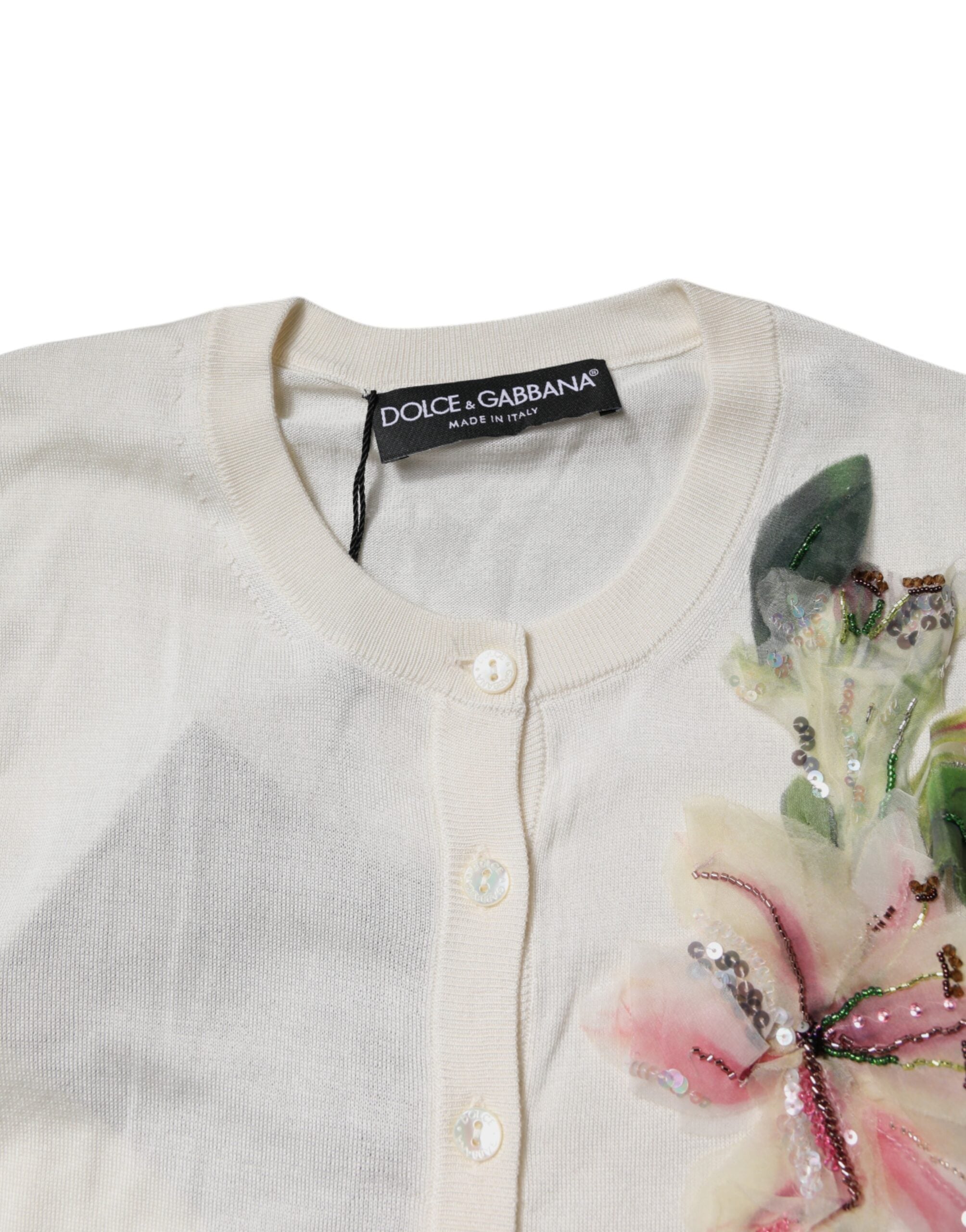 Dolce &amp; Gabbana Cream Floral Silk Embellished Cardigan Sweater