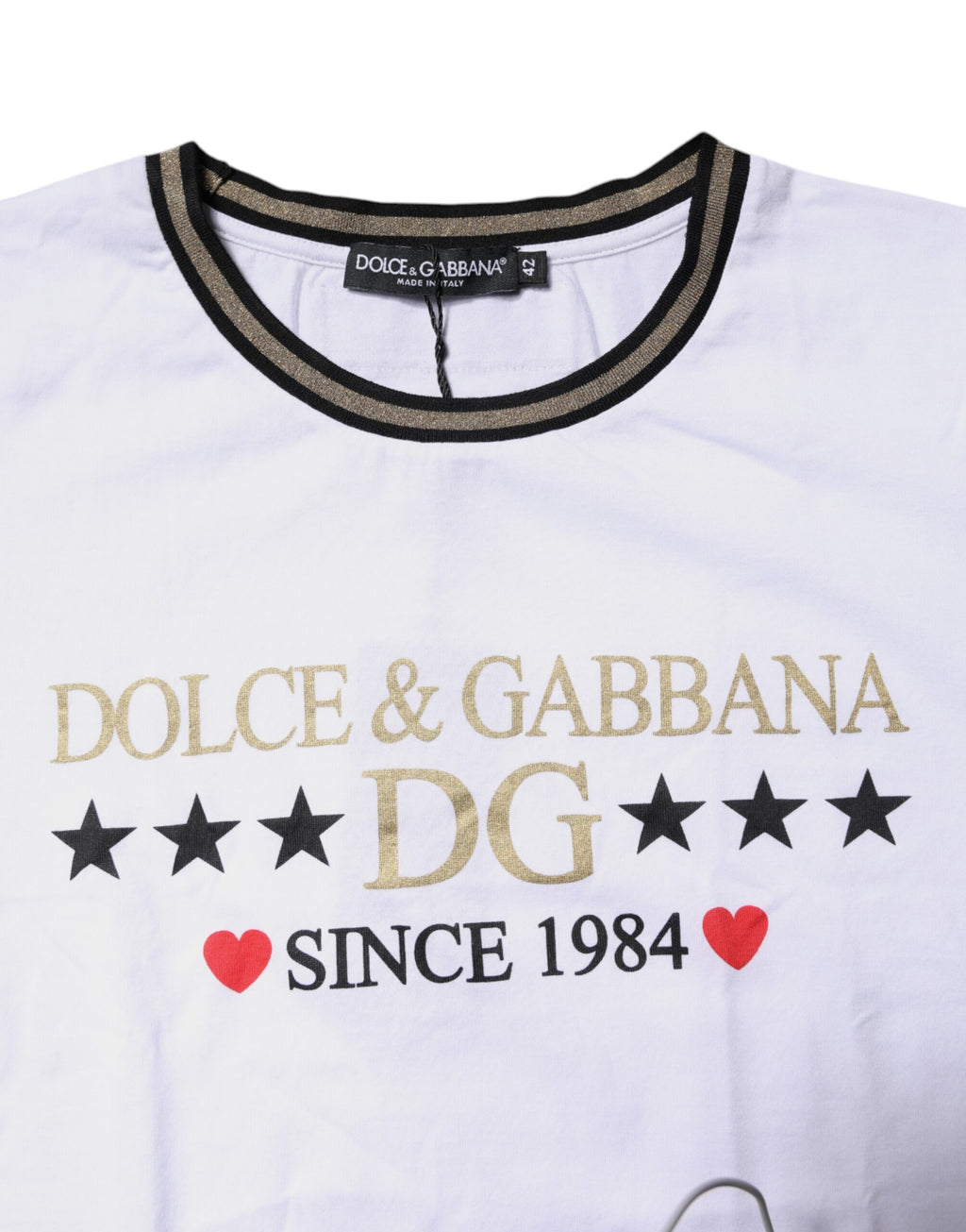 Dolce &amp; Gabbana White Printed Round Neck Top Cotton T-shirt