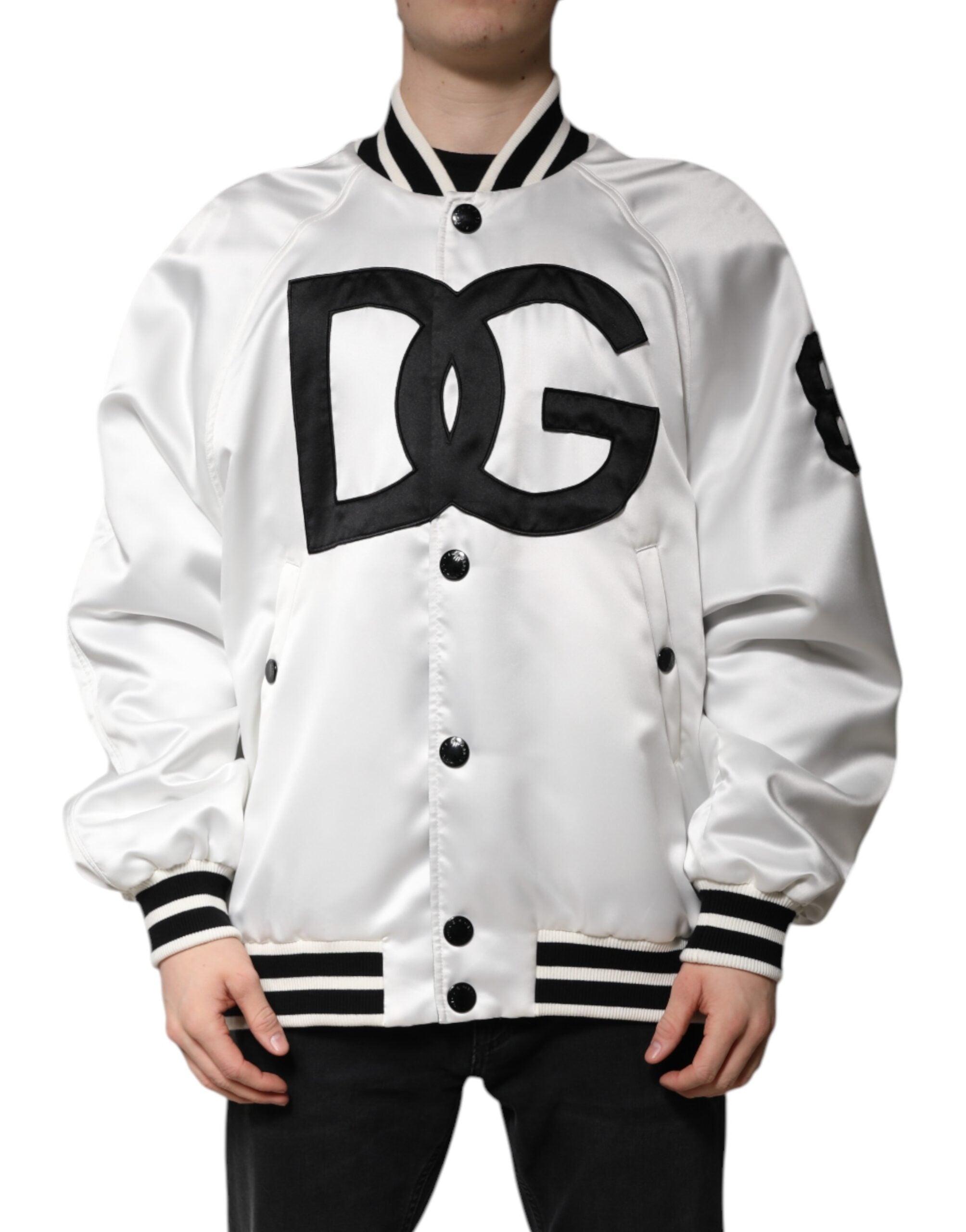 Dolce &amp; Gabbana White DG Logo Polyester Jersey Bomber Jacket