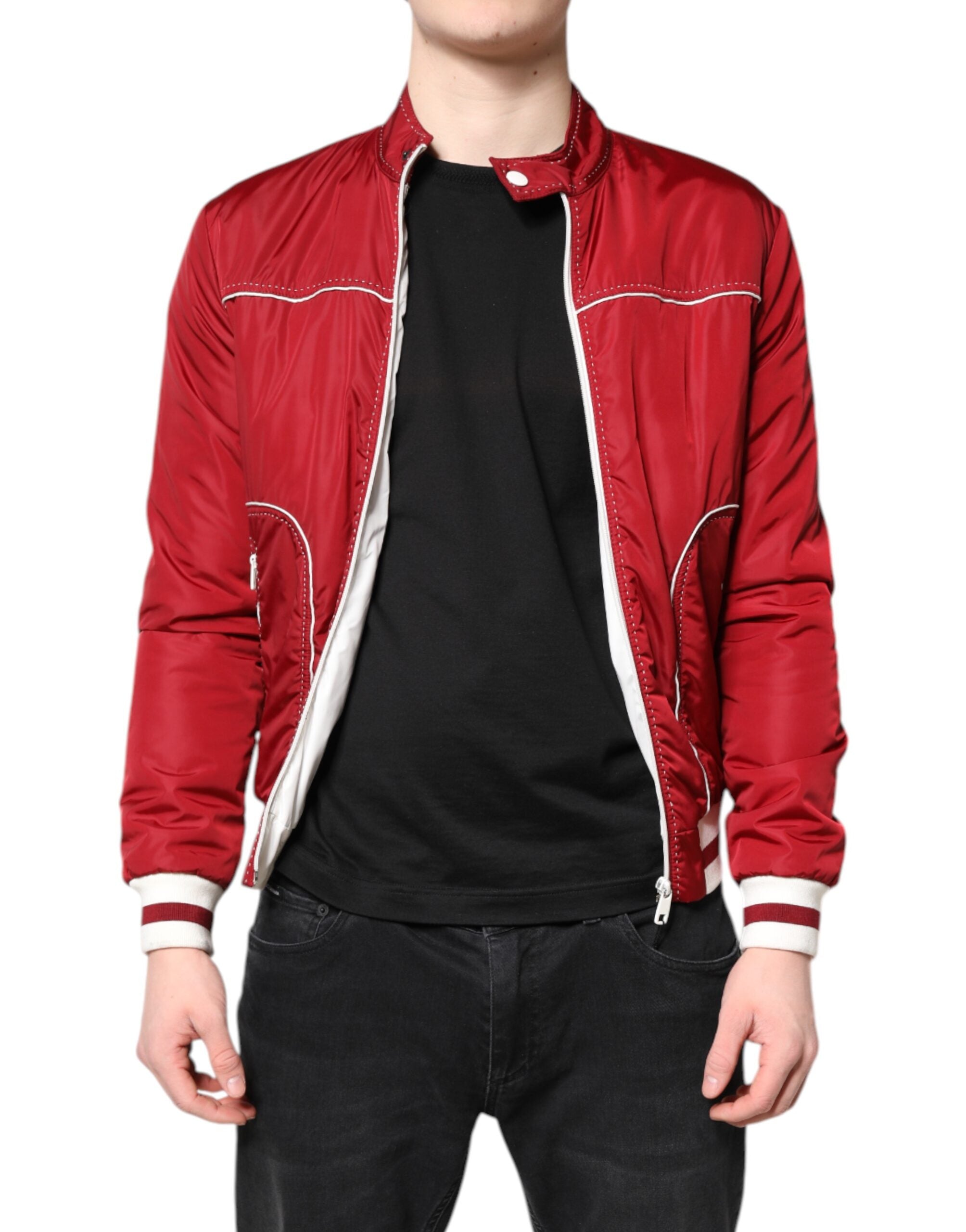 Dolce &amp; Gabbana Red White Nylon Full Zip Men Bomber Jacket