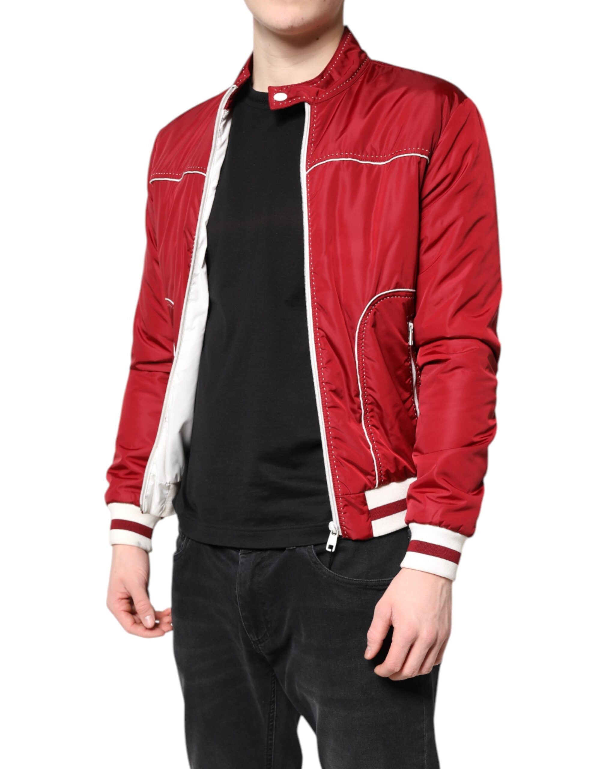 Dolce &amp; Gabbana Red White Nylon Full Zip Men Bomber Jacket