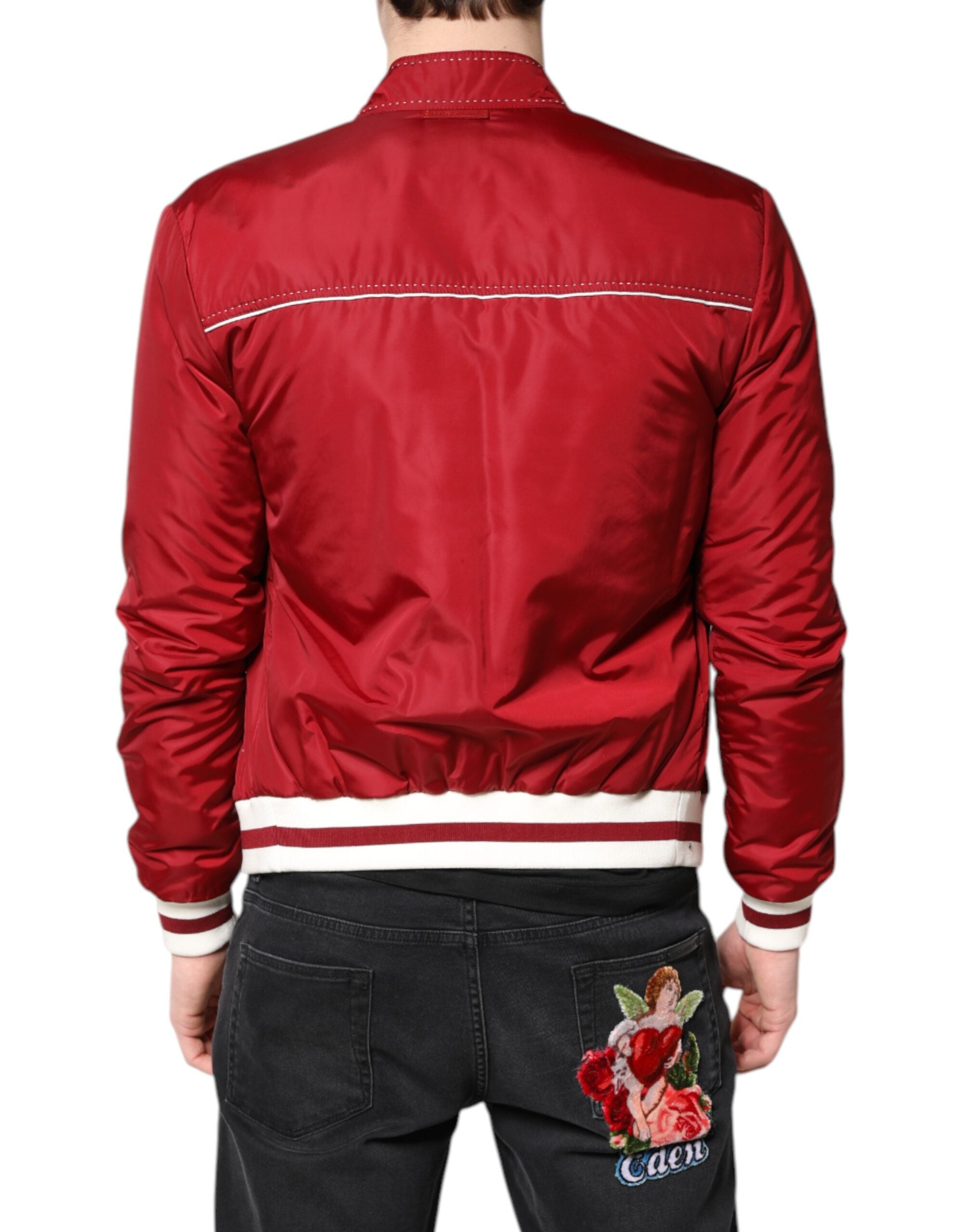 Dolce &amp; Gabbana Red White Nylon Full Zip Men Bomber Jacket