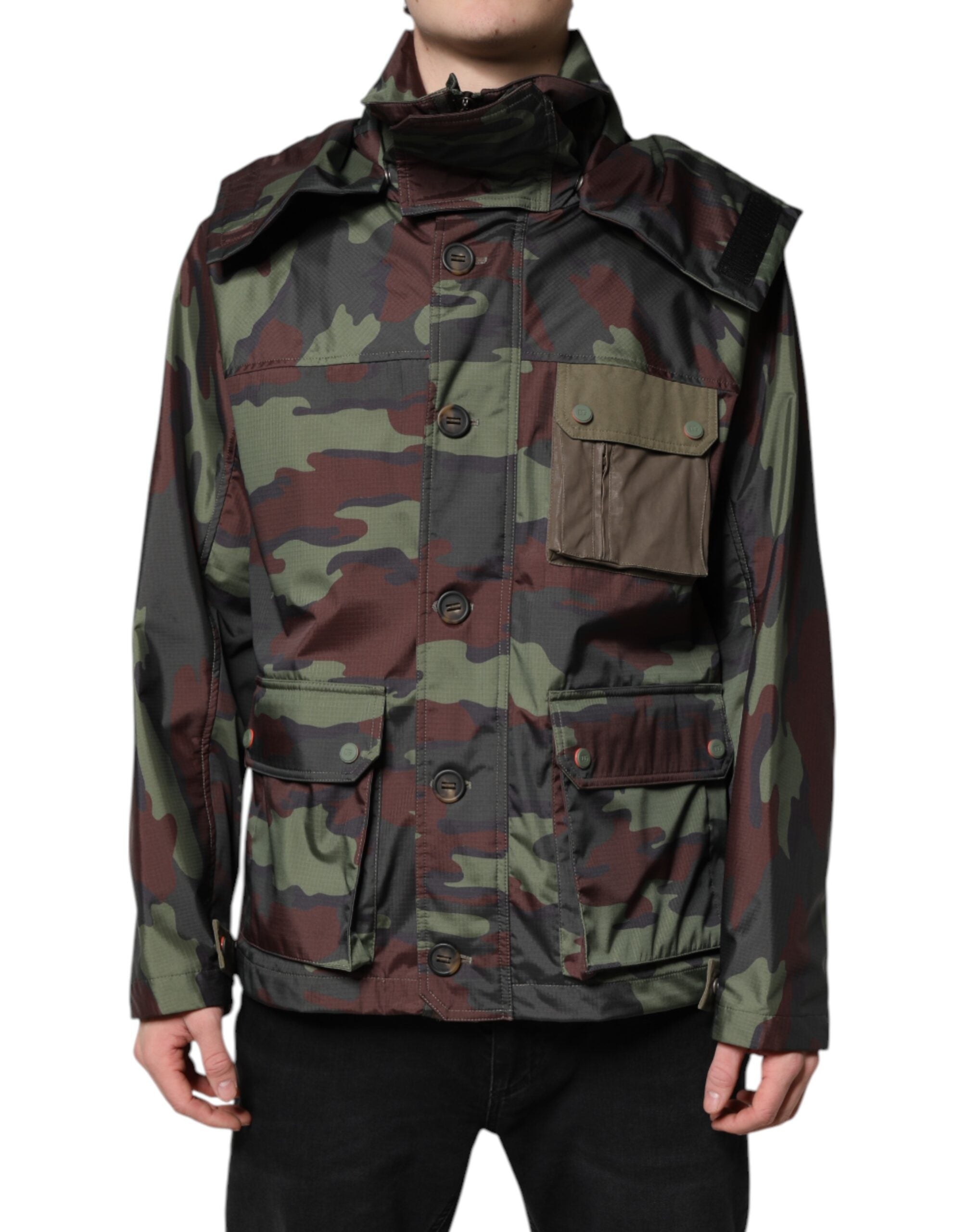 Dolce &amp; Gabbana Multicolor Camouflage Button Hooded Jacket