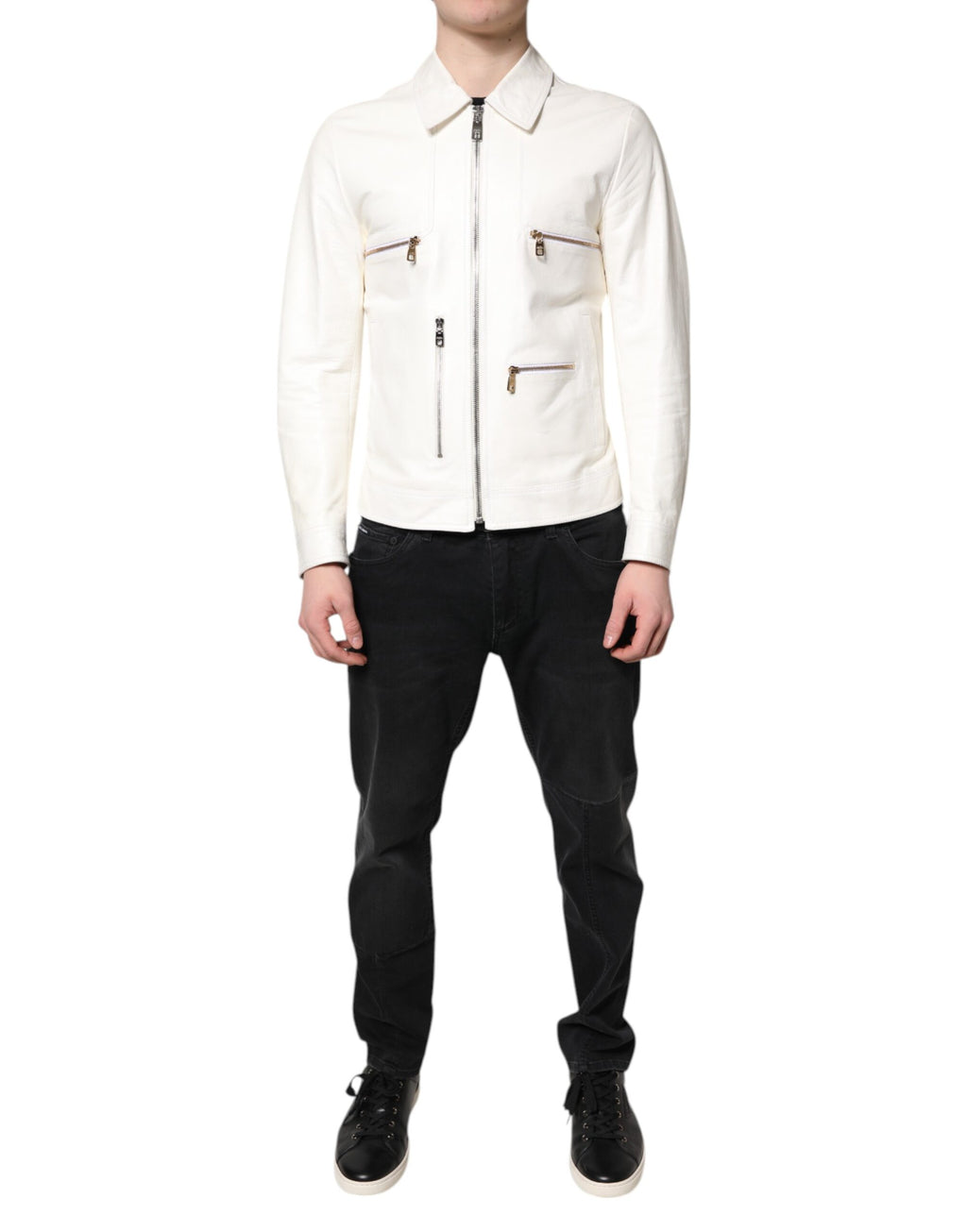 Dolce &amp; Gabbana White Collared Full Zip Biker Coat Jacket
