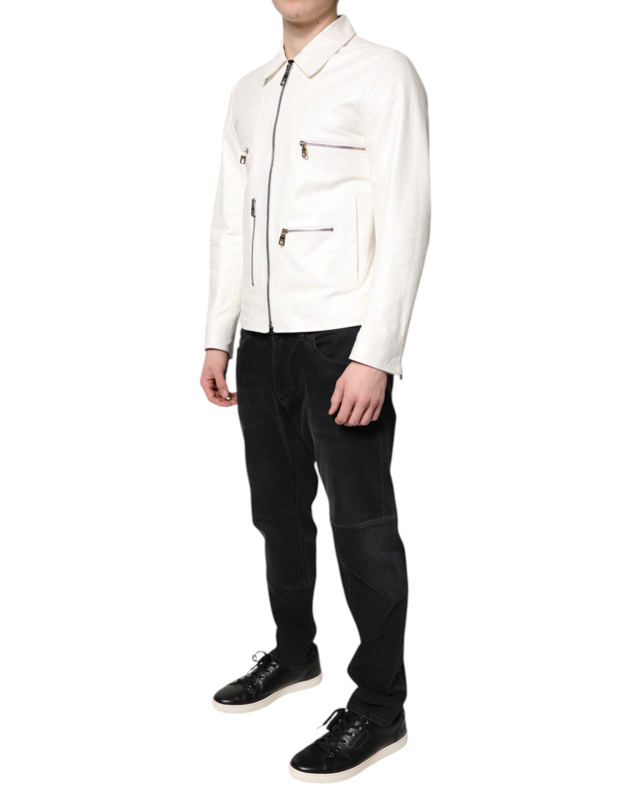 Dolce &amp; Gabbana White Collared Full Zip Biker Coat Jacket