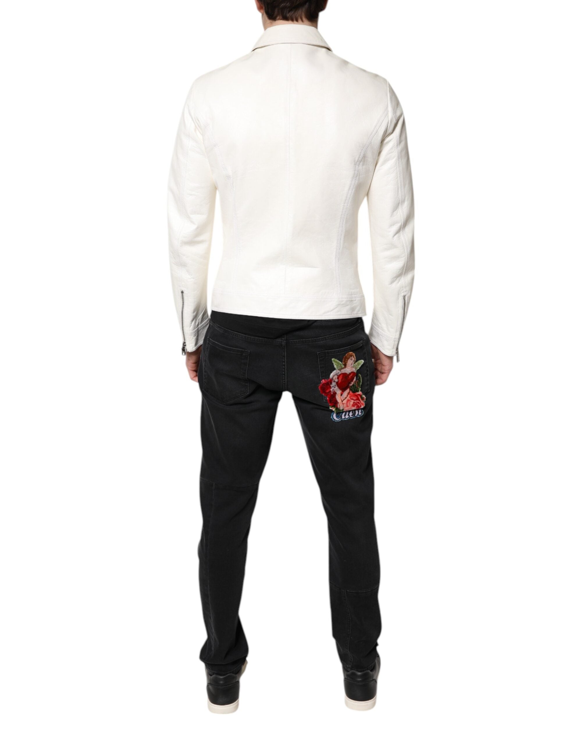 Dolce &amp; Gabbana White Collared Full Zip Biker Coat Jacket