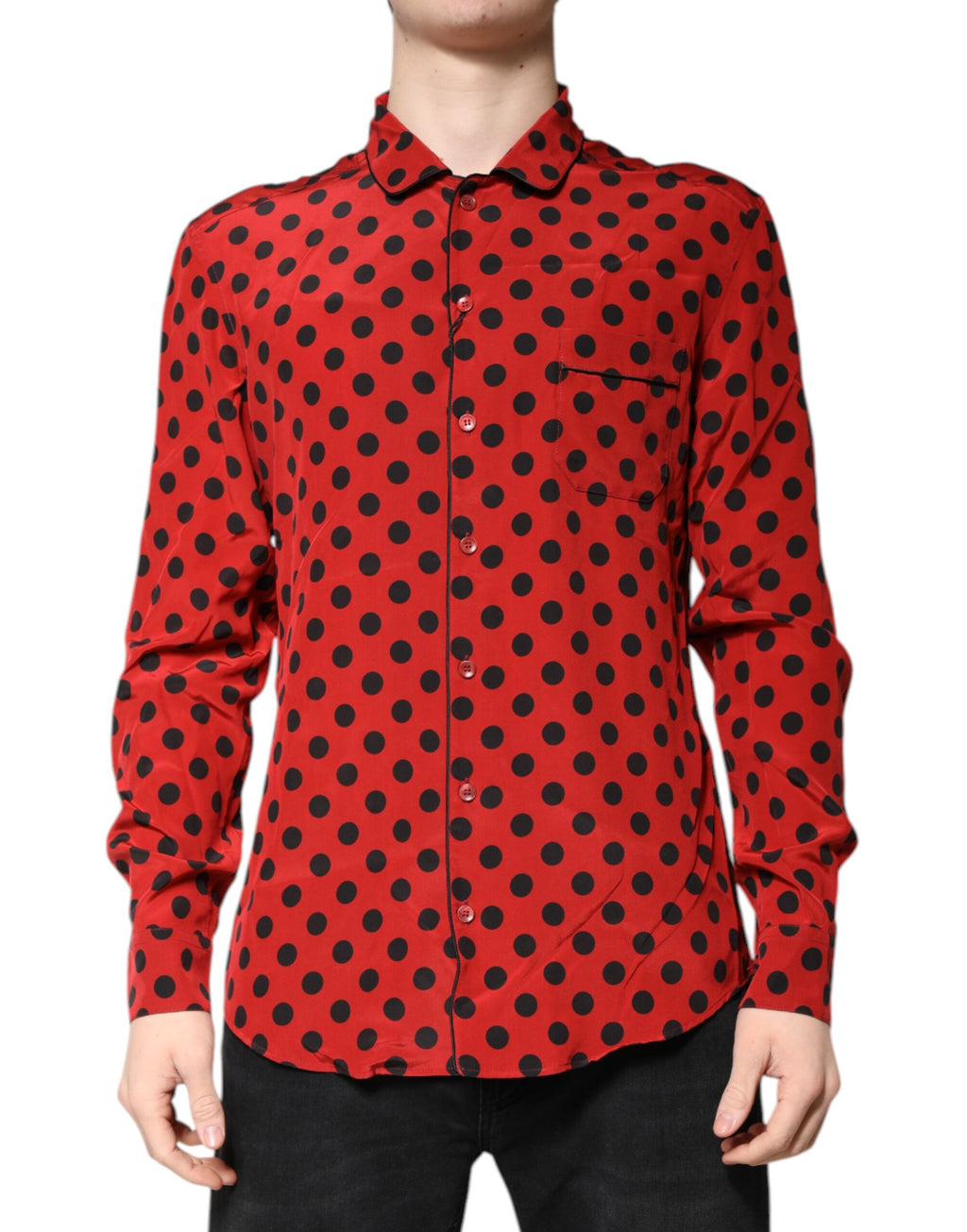 Dolce &amp; Gabbana Red Polka Dot Silk Long Sleeve Shirt