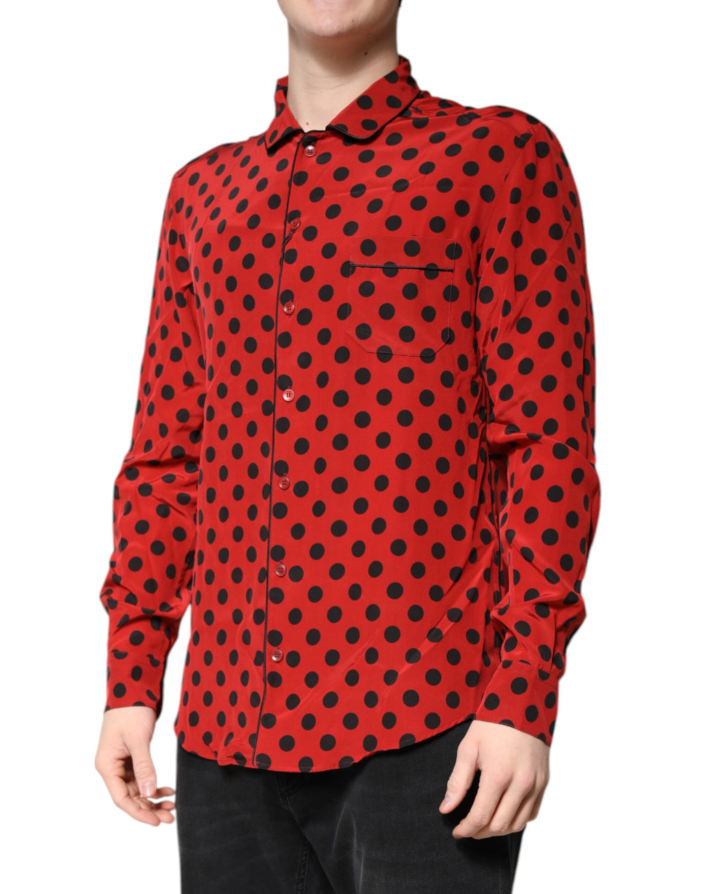 Dolce &amp; Gabbana Red Polka Dot Silk Long Sleeve Shirt