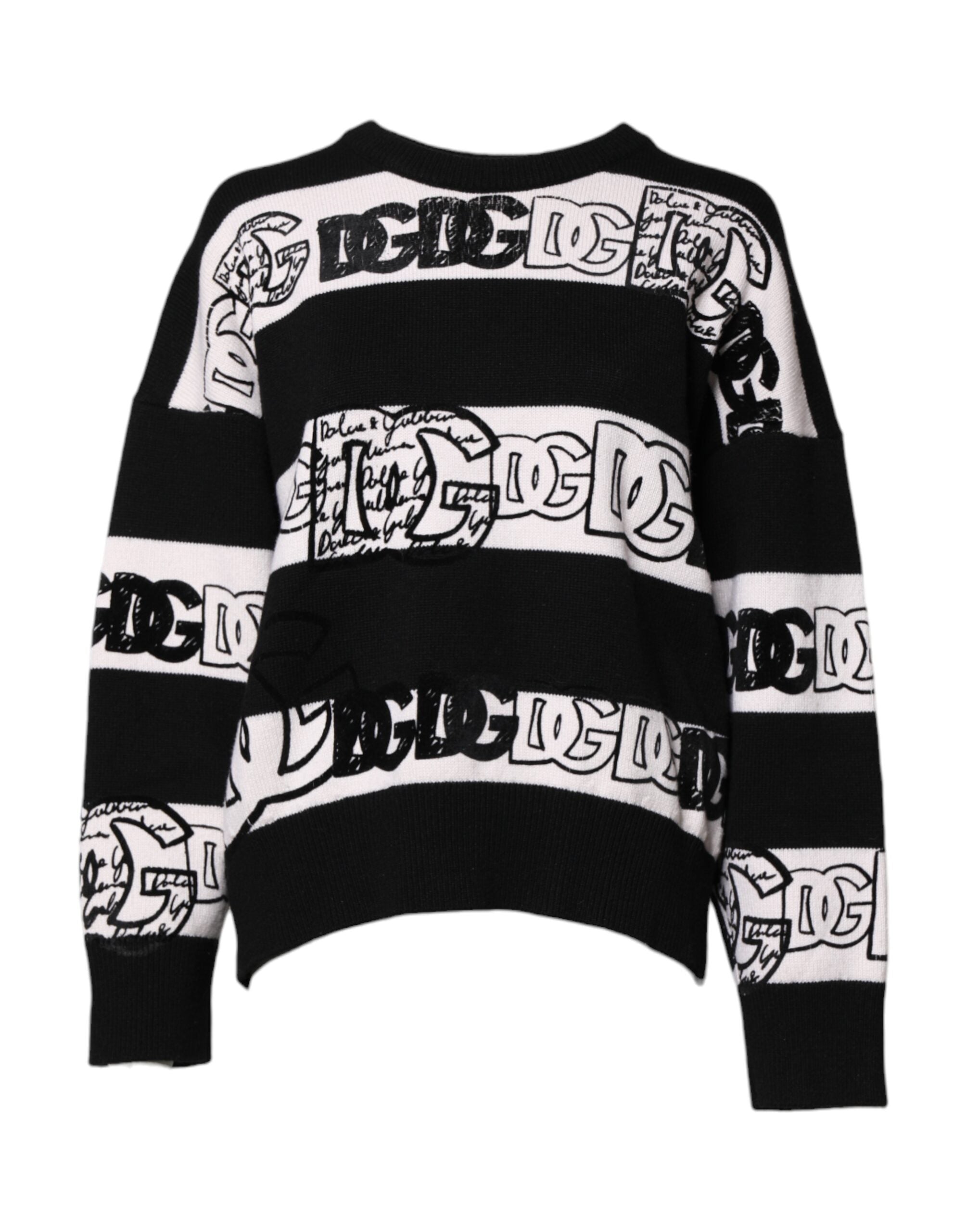 Dolce &amp; Gabbana Black White Logo Print Wool Pullover Sweater