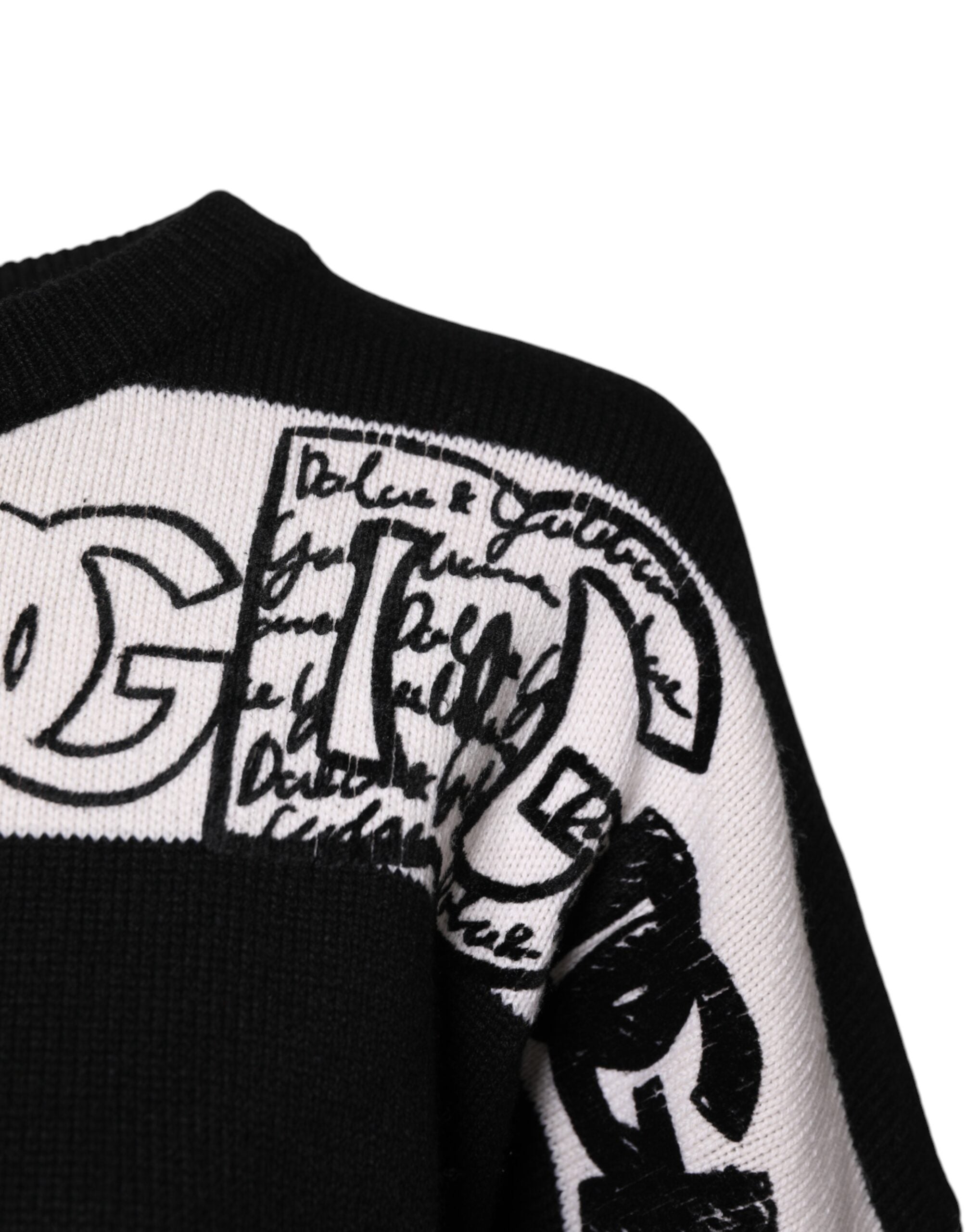 Dolce &amp; Gabbana Black White Logo Print Wool Pullover Sweater