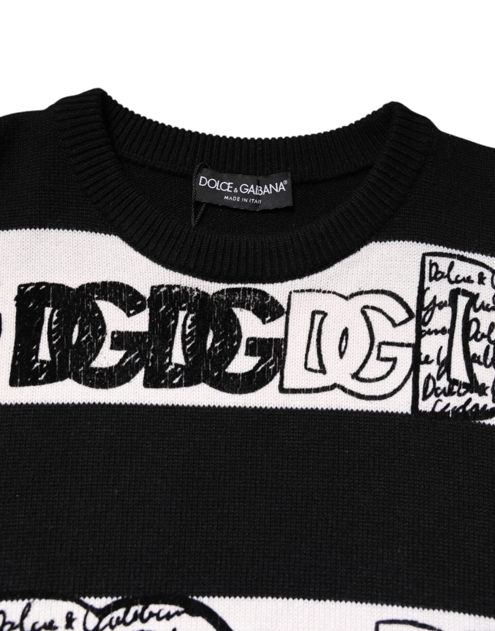 Dolce &amp; Gabbana Black White Logo Print Wool Pullover Sweater