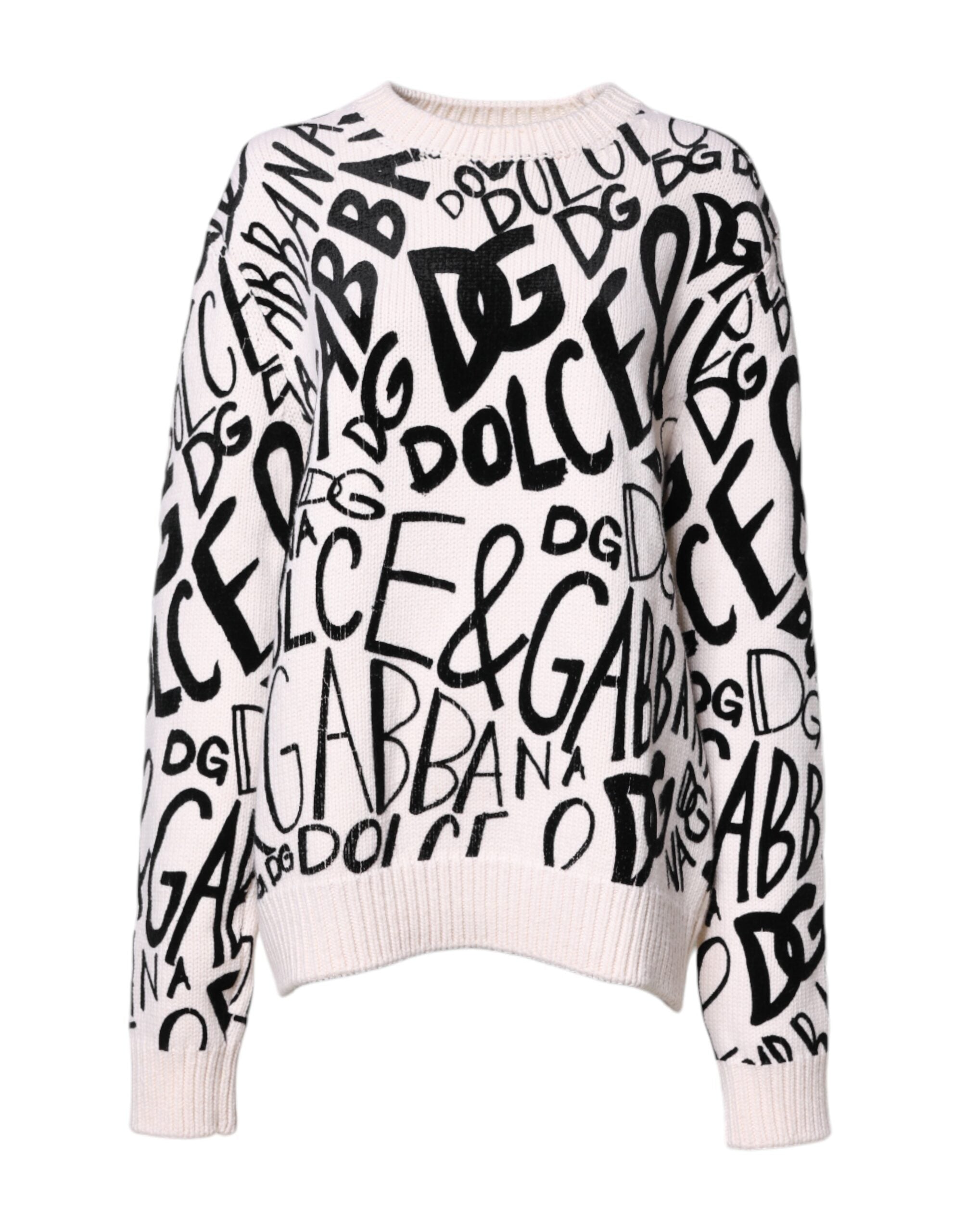 Dolce &amp; Gabbana White Black Logo Print Women Pullover Sweater