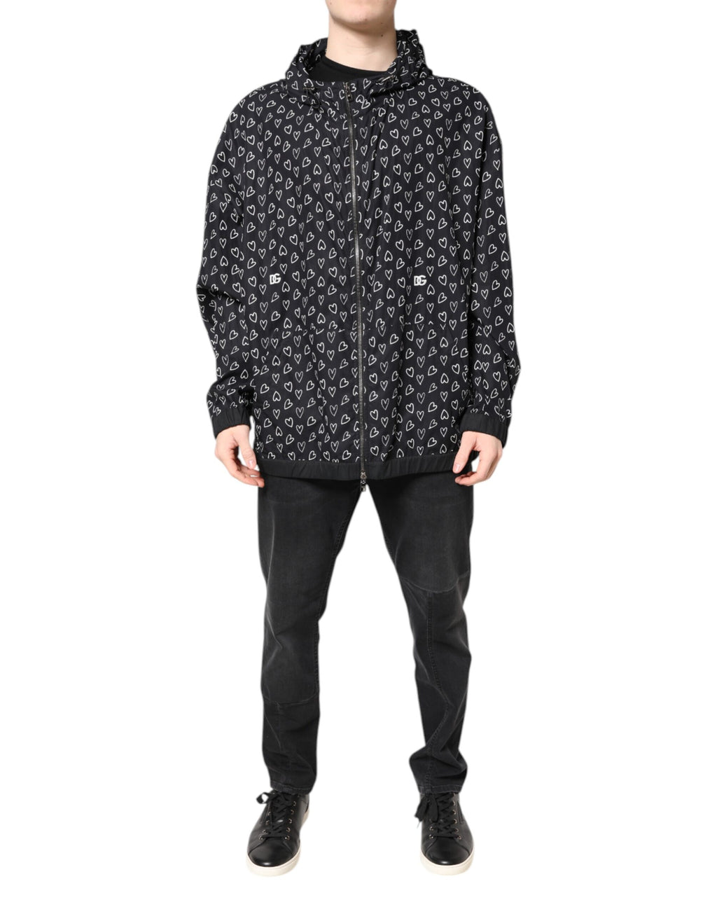 Dolce &amp; Gabbana Black Heart Print Hooded Windbreaker Jacket