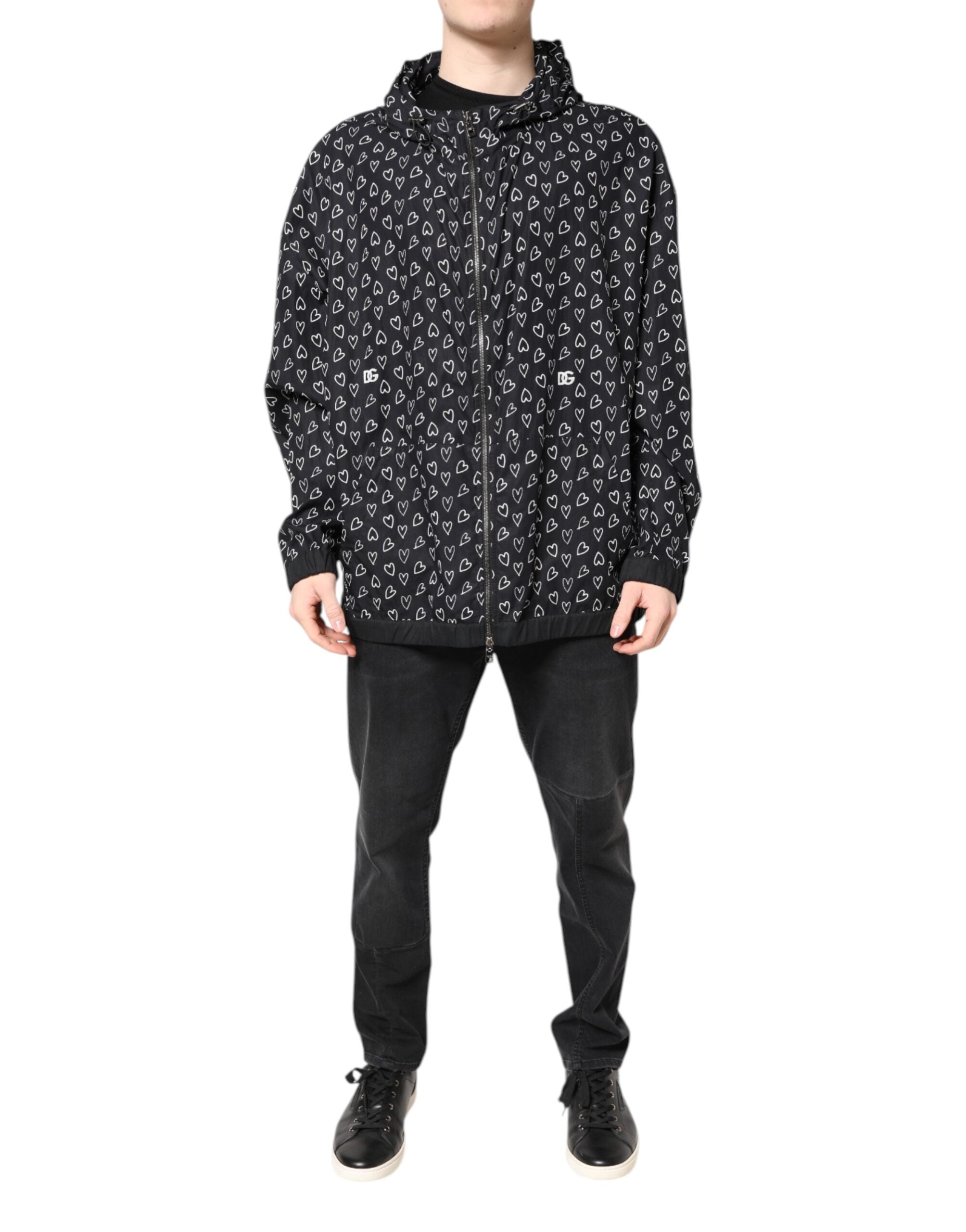 Dolce &amp; Gabbana Black Heart Print Hooded Windbreaker Jacket
