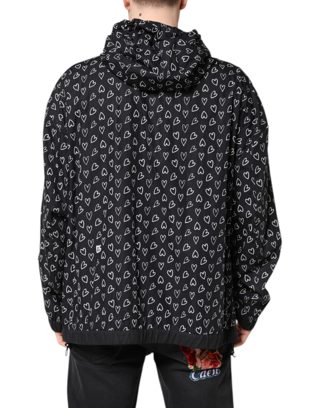 Dolce &amp; Gabbana Black Heart Print Hooded Windbreaker Jacket