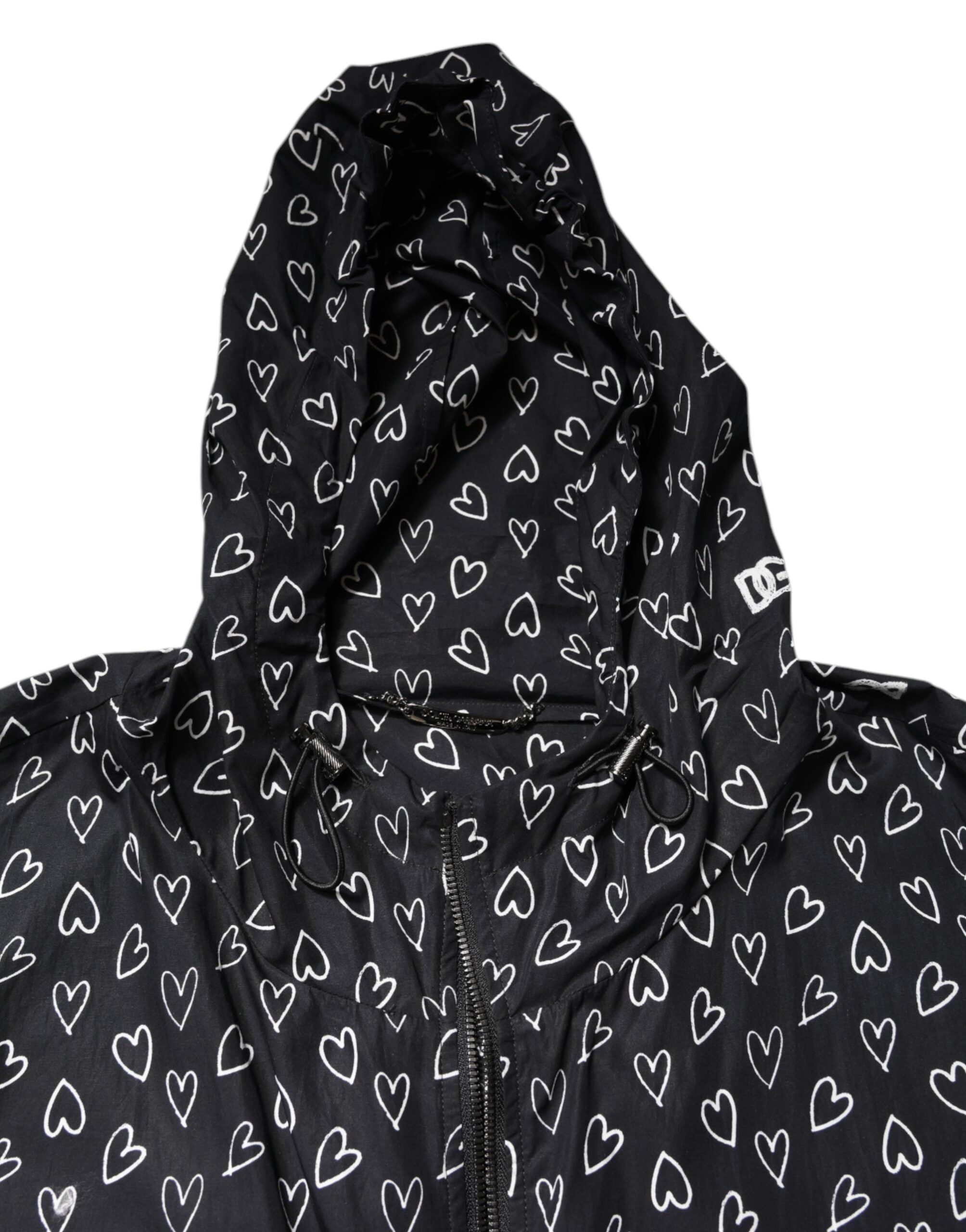Dolce &amp; Gabbana Black Heart Print Hooded Windbreaker Jacket