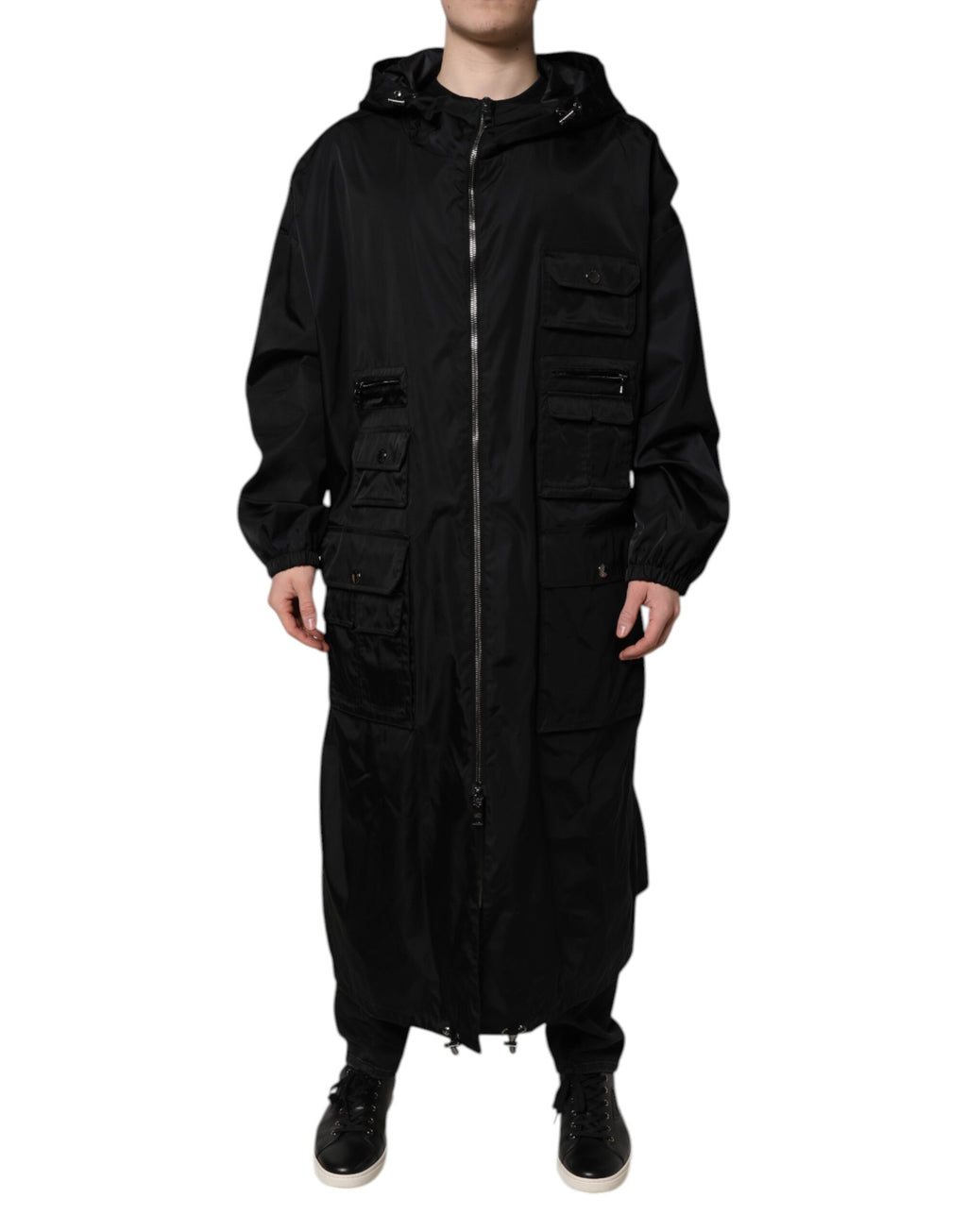 Dolce &amp; Gabbana Black Hooded Long Men Windbreaker Jacket