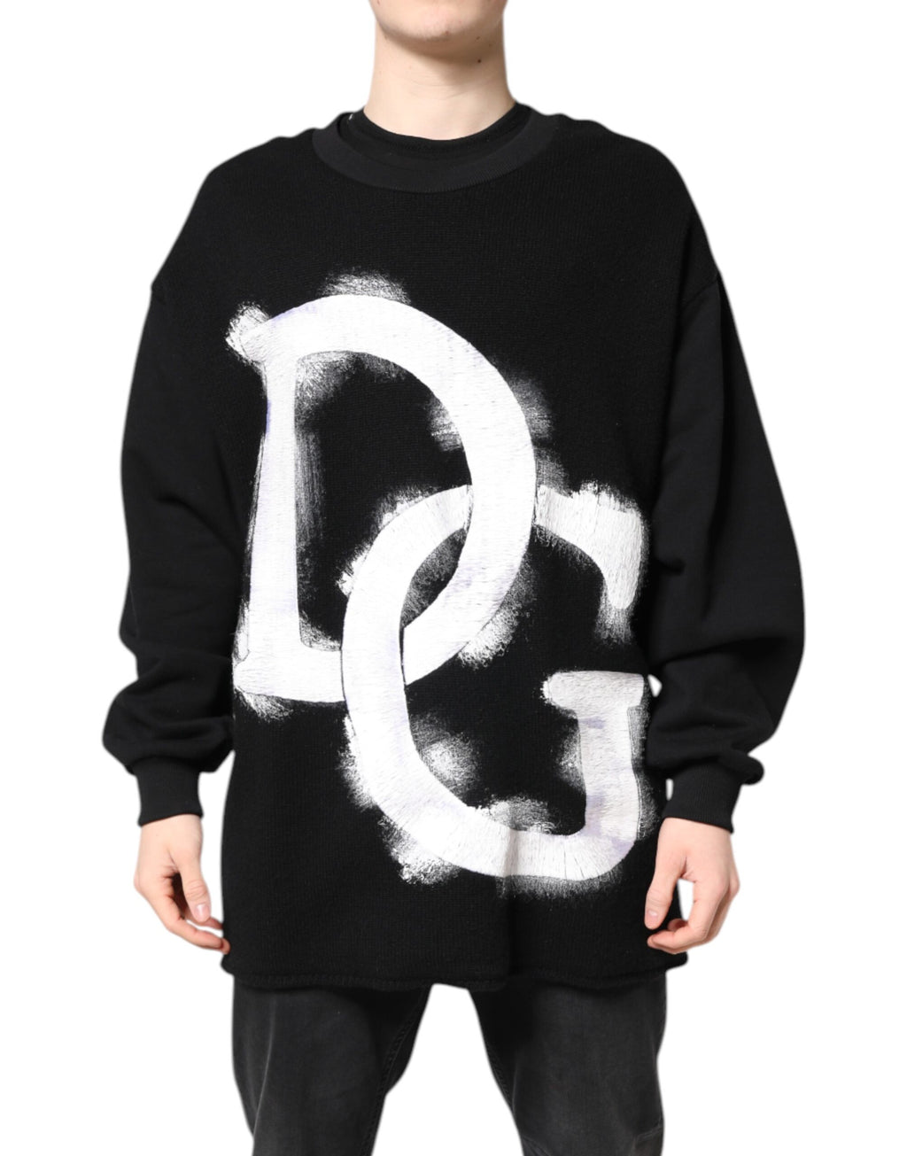 Dolce &amp; Gabbana Black Cotton Logo Print Men Pullover Sweater