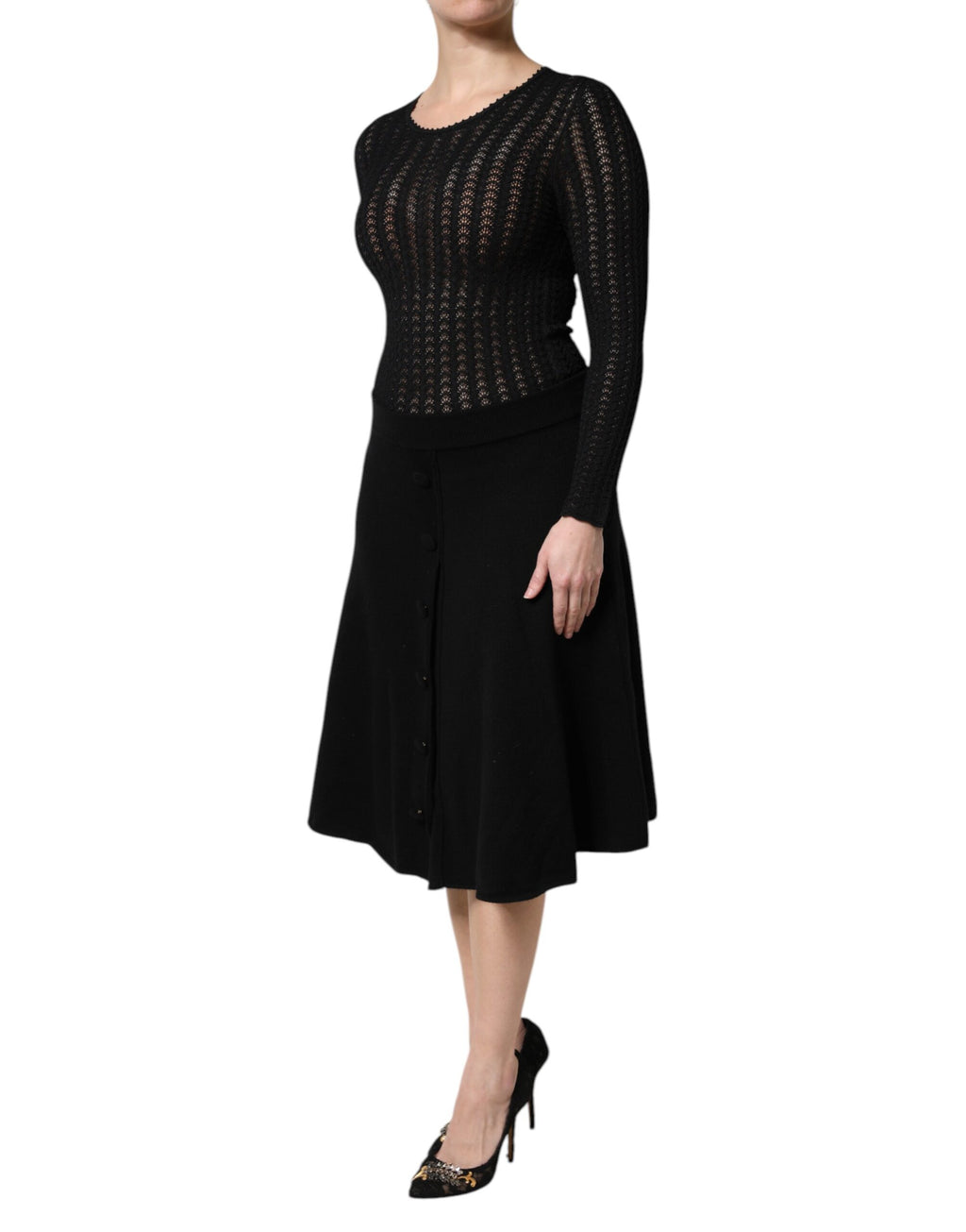 Dolce &amp; Gabbana Black Cashmere Long Sleeves A-line Midi Dress