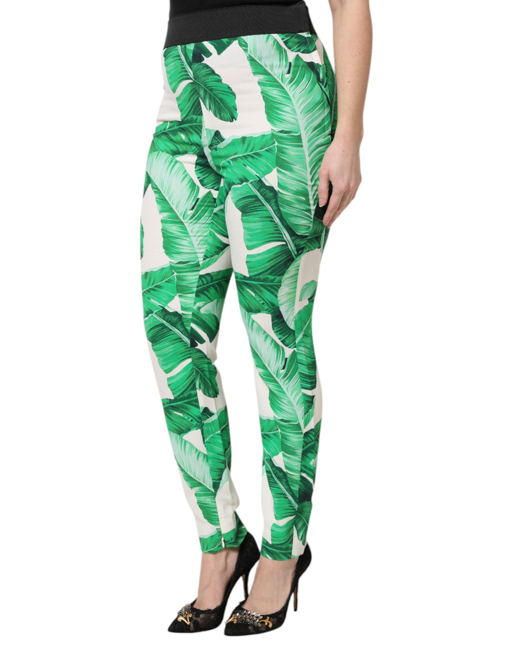 Dolce &amp; Gabbana White Green Leaf High Waist Pants