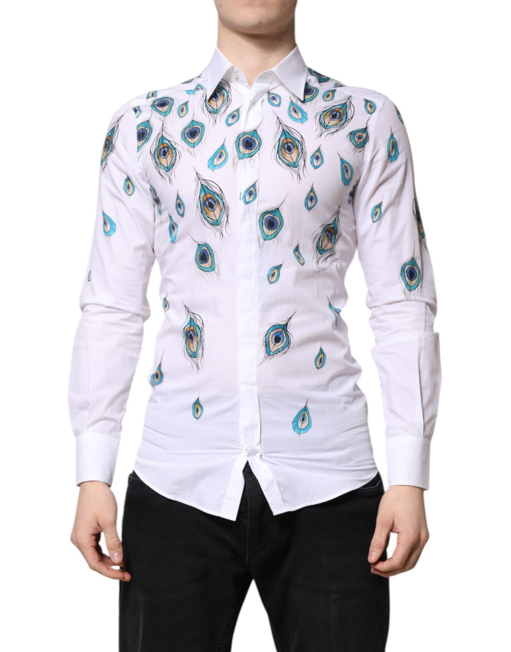 Dolce &amp; Gabbana White Cotton Feather Print GOLD Dress Shirt