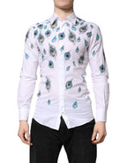 Dolce &amp; Gabbana White Cotton Feather Print GOLD Dress Shirt