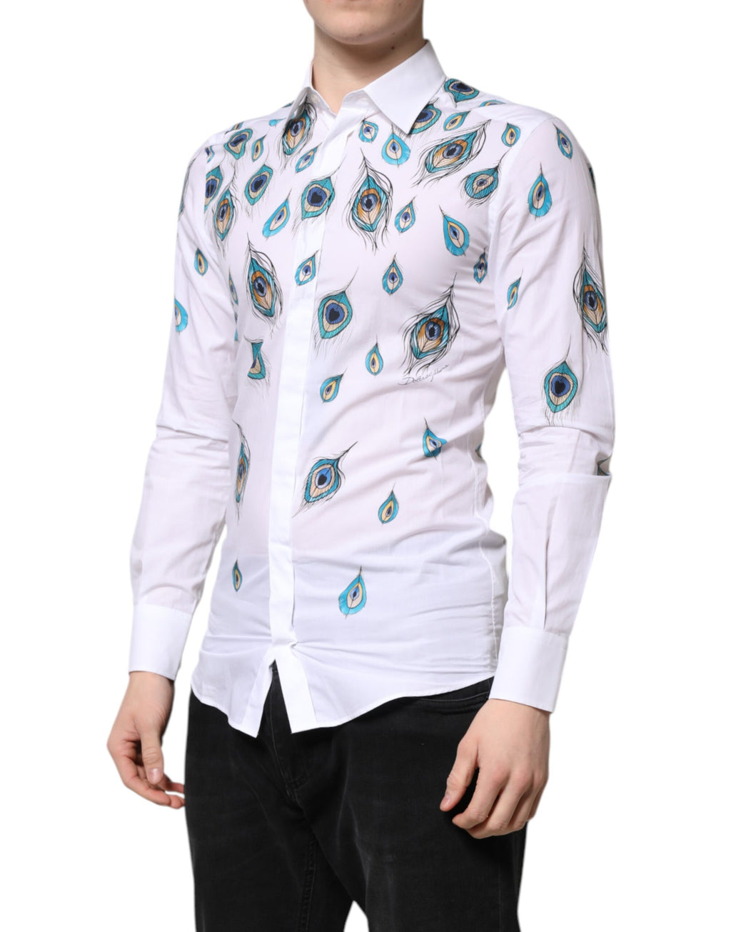 Dolce &amp; Gabbana White Cotton Feather Print GOLD Dress Shirt