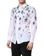 Dolce &amp; Gabbana White Cotton Feather Print GOLD Dress Shirt