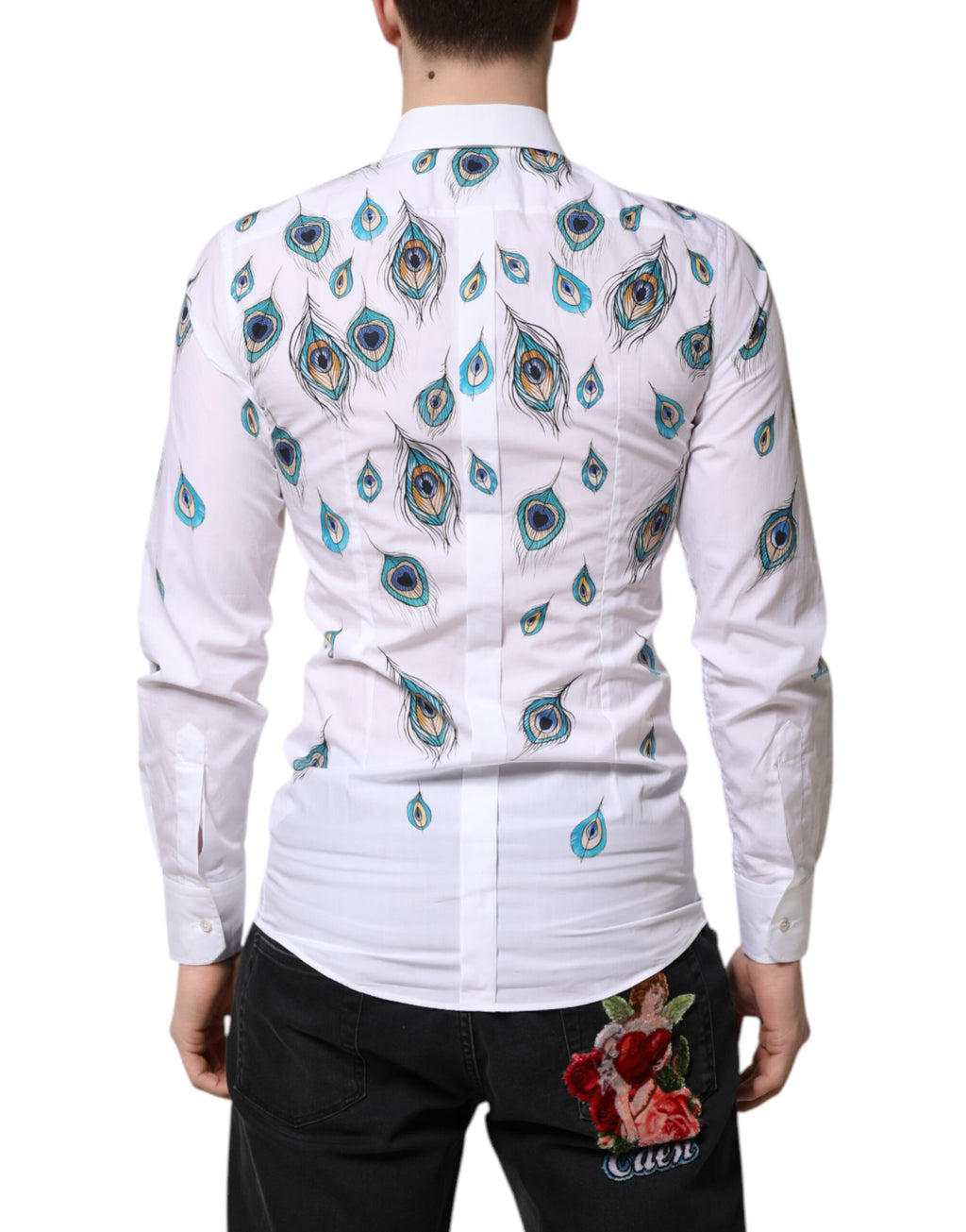 Dolce &amp; Gabbana White Cotton Feather Print GOLD Dress Shirt