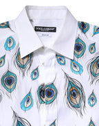 Dolce &amp; Gabbana White Cotton Feather Print GOLD Dress Shirt
