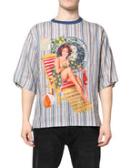 Dolce &amp; Gabbana Multicolor Striped Pin Up Linen Round Neck T-shirt
