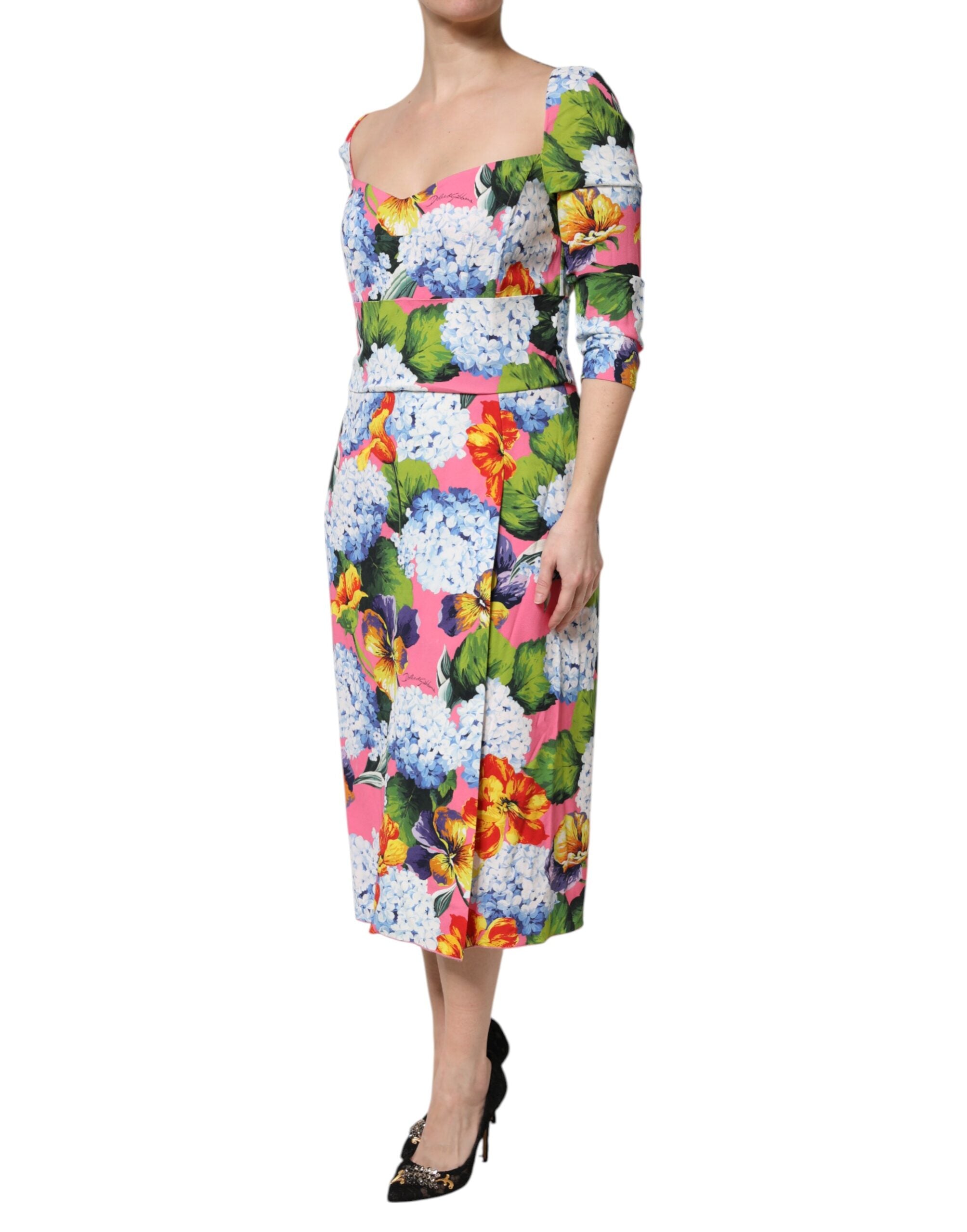 Dolce &amp; Gabbana Multicolor Floral Pleated Sheath Midi Dress