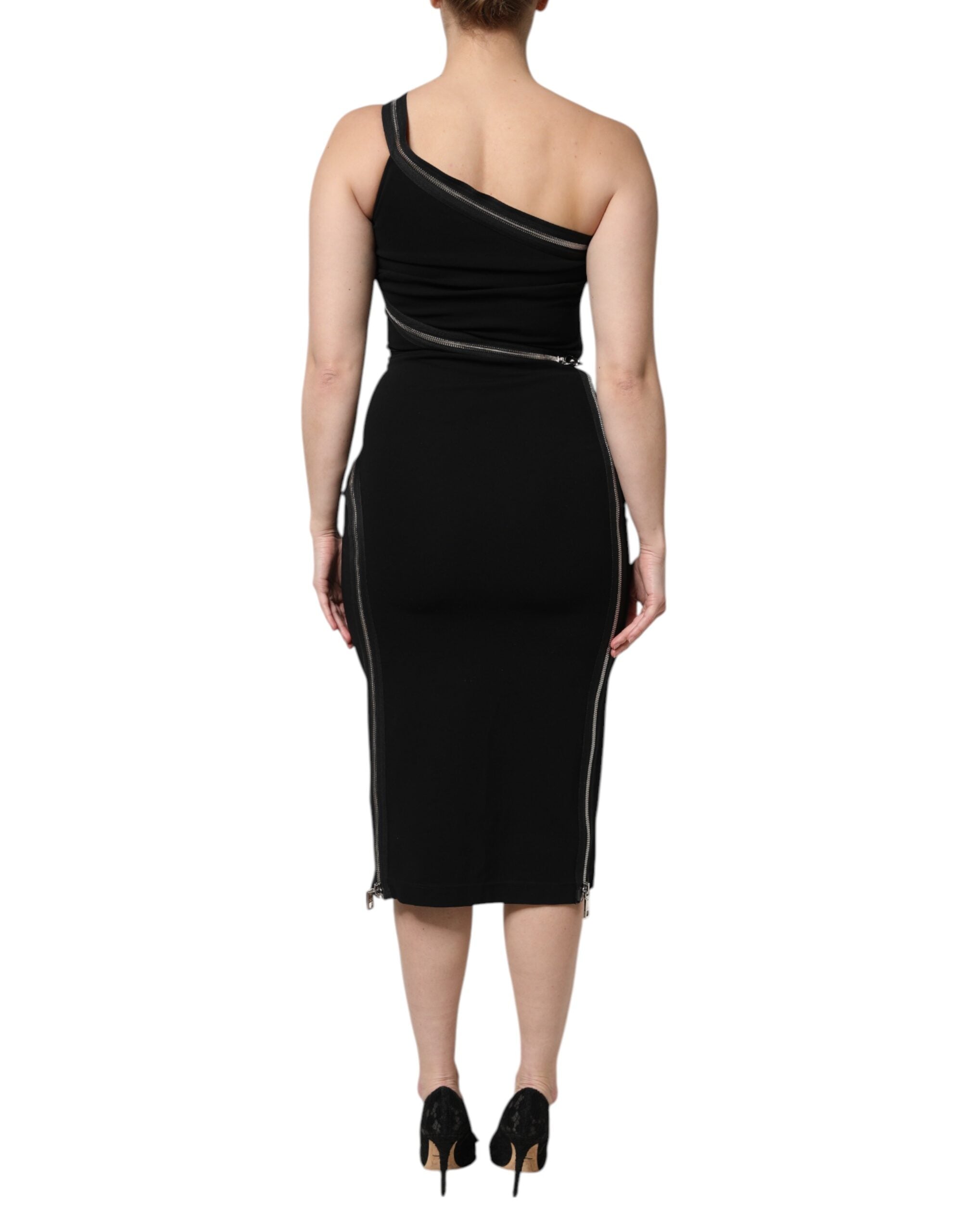 Dolce &amp; Gabbana Black Viscose One Shoulder Zipper Sheath Dress
