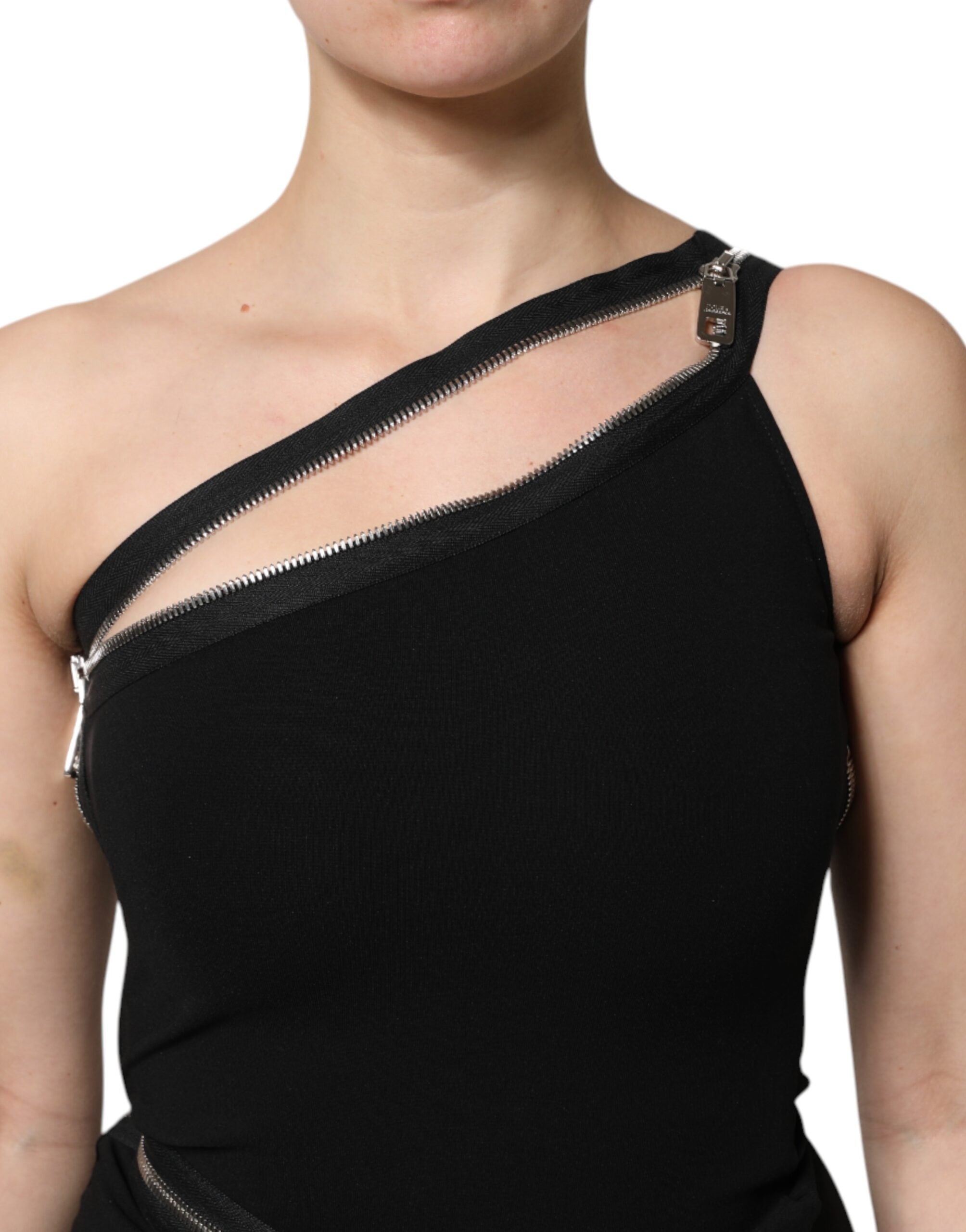Dolce &amp; Gabbana Black Viscose One Shoulder Zipper Sheath Dress