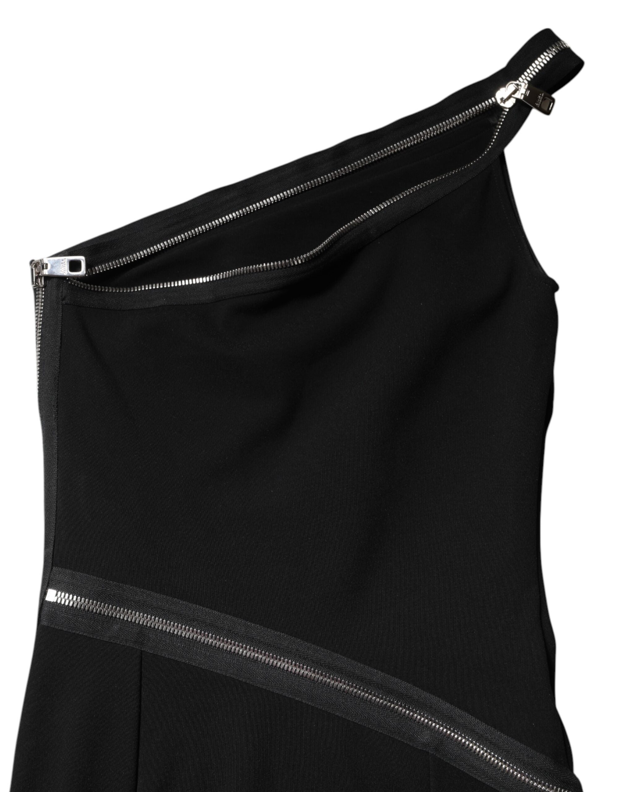 Dolce &amp; Gabbana Black Viscose One Shoulder Zipper Sheath Dress