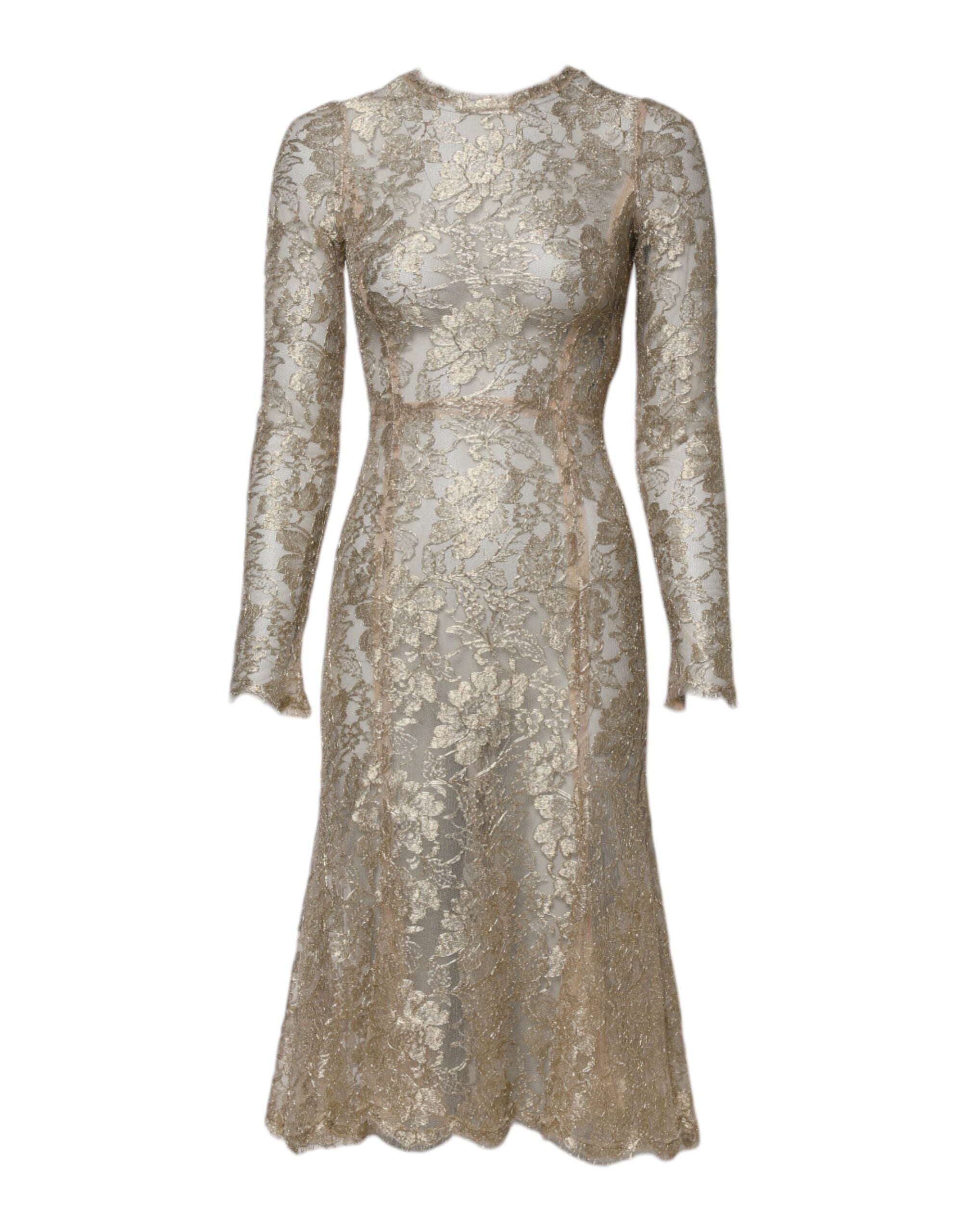 Dolce &amp; Gabbana Gold Floral Lace Long Sleeves Fit &amp; Flare Dress