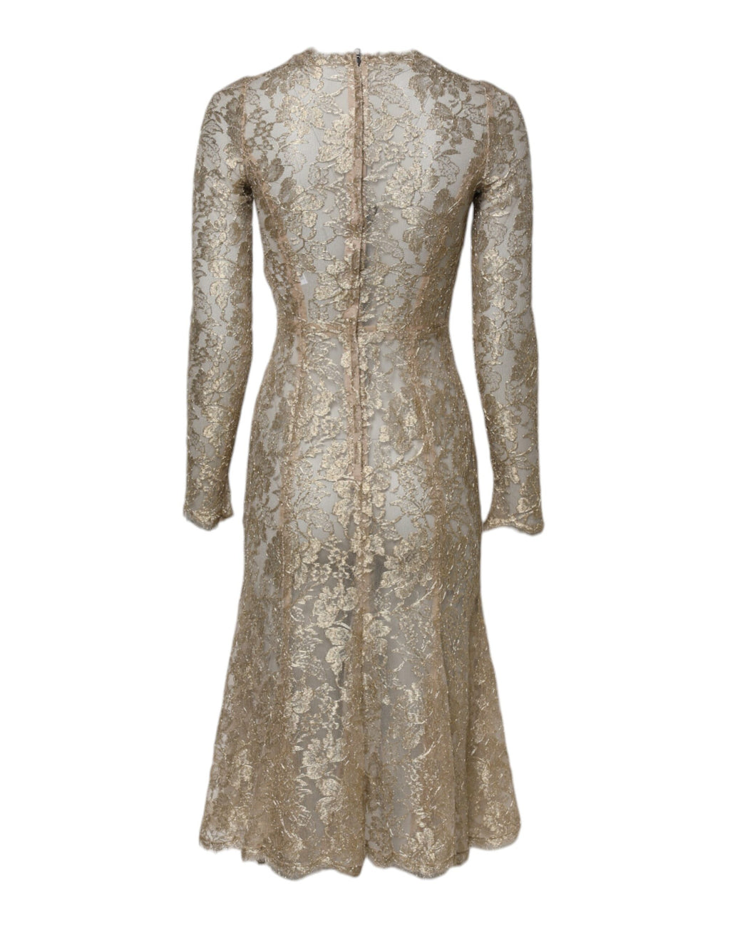 Dolce &amp; Gabbana Gold Floral Lace Long Sleeves Fit &amp; Flare Dress