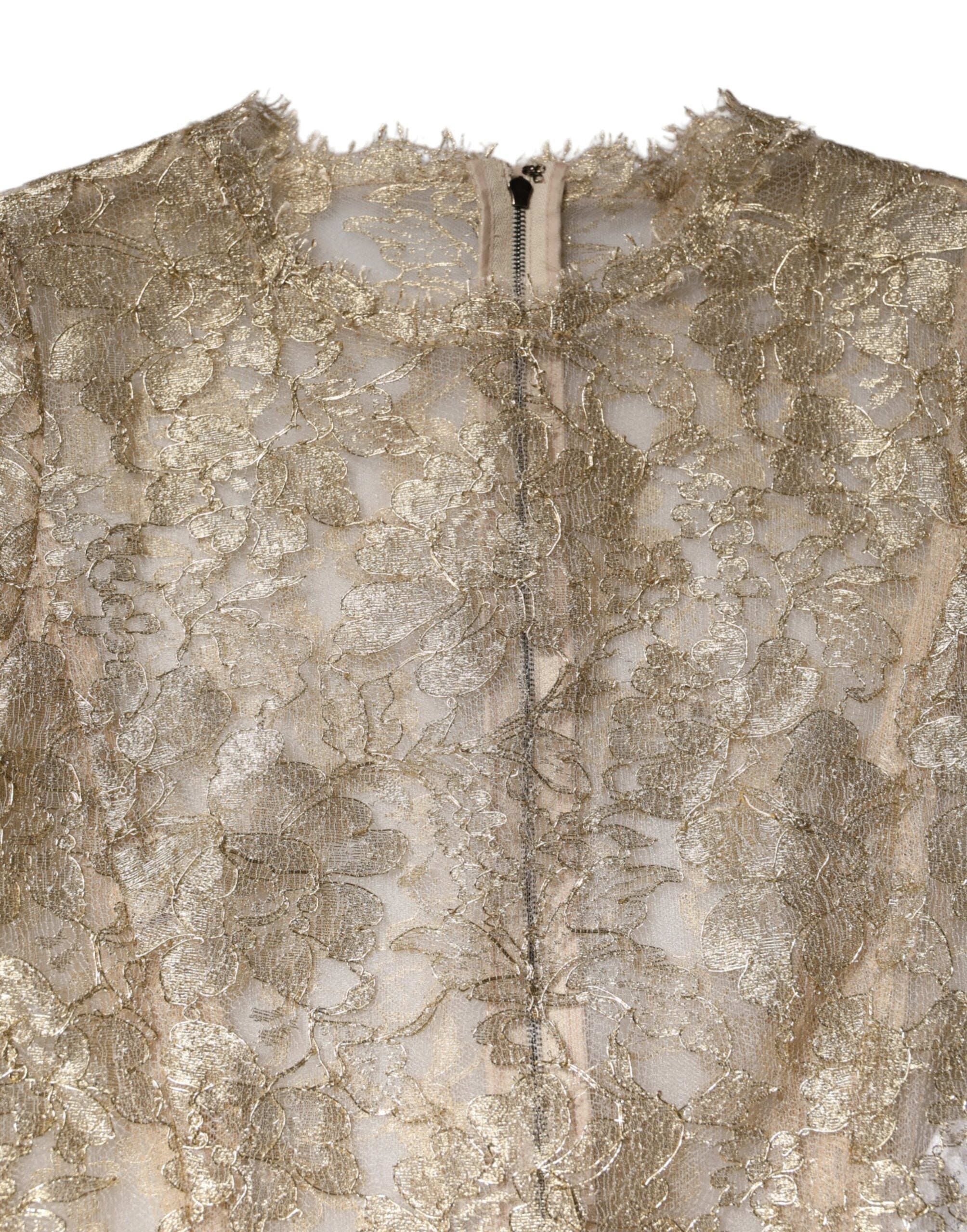 Dolce &amp; Gabbana Gold Floral Lace Long Sleeves Fit &amp; Flare Dress