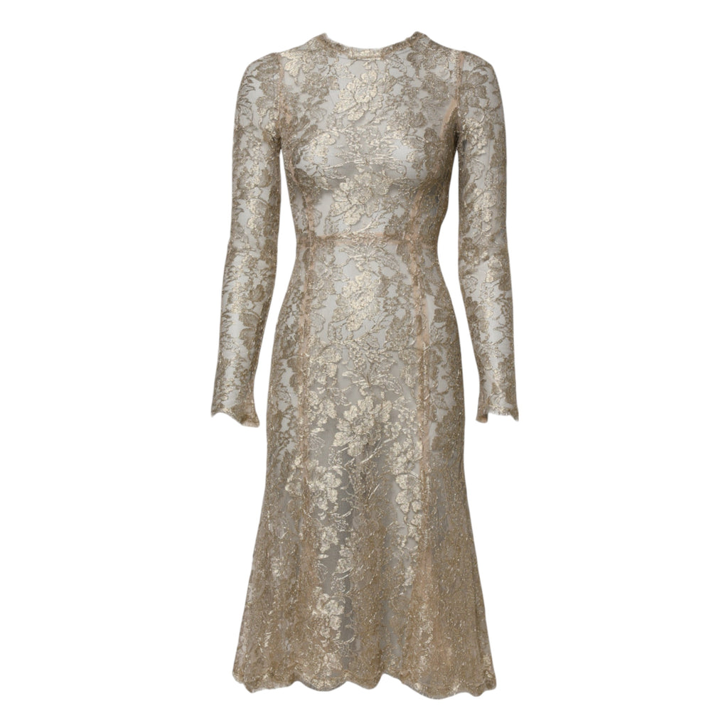 Dolce &amp; Gabbana Gold Floral Lace Long Sleeves Fit &amp; Flare Dress